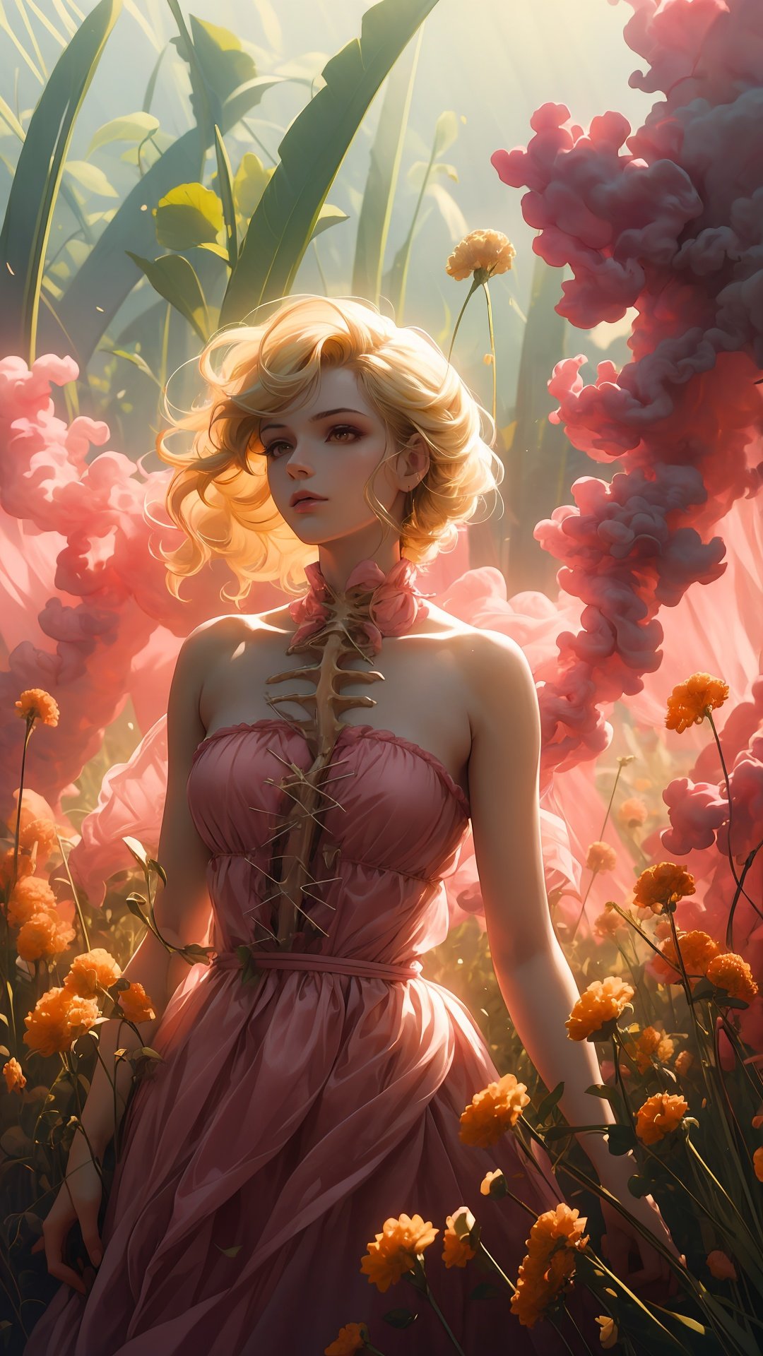  (masterpiece, best quality), natural soft light, (1girl), brown eyes, blonde color hair, standing in the field, strapless pink dress, surrounded by green smoke, wide-angle lens, lens flare, ultra high definition, high resolution, very detailed, best quality, clear theme, ultra-realistic and ultra-detail,(ribs:1.29),