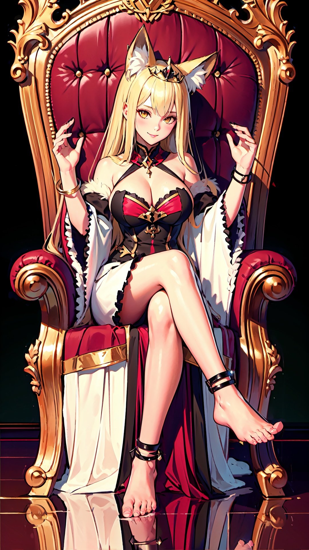  masterpiece, best quality, 1girl, fox girl, fox ears, blonde hair, long hair, yellow eyes, smile, sitting, crossed legs, holding, tiara, frilled dress, strapless, cleavage, bare shoulders, fur trim, detached sleeves, barefoot, toes, anklet, jewelry, throne, reflection,