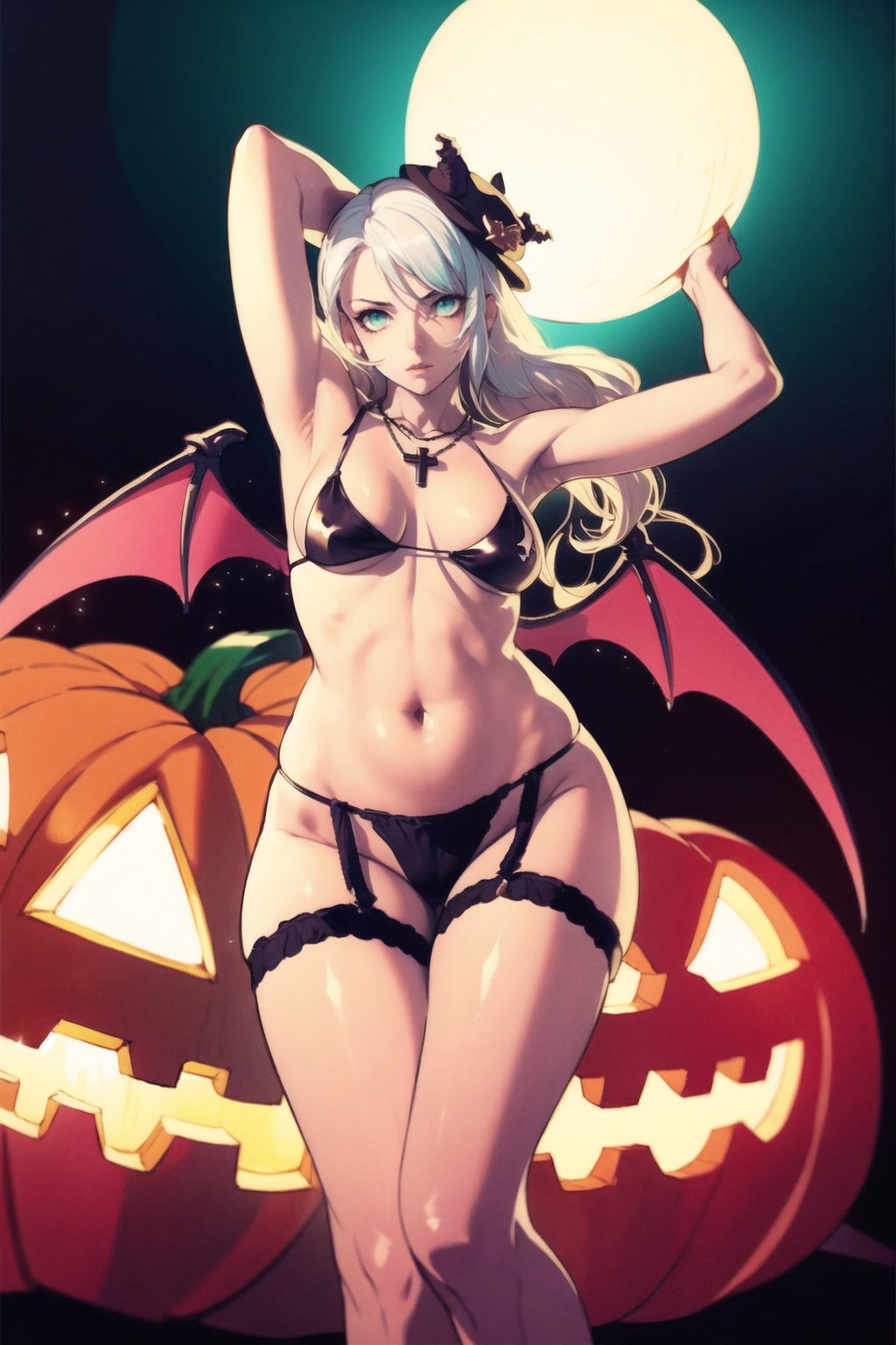  {masterpiece},white hair,yellow eyes,underboob,pumpkin hat,aqua eyes,looking up,stockings,dark skin,bare shoulders,jack-o'-lantern,will-o'-the-wisp (mythology),genie,ghost,candy,(long hair:1.2),hime cut,messy hair,floating hair,(demon wings:1.2),halo,cross necklace,holy,divinity,shine,holy light,cat girl,(loli),(petite),solo,navel,houtufeng,letterboxed, WaHaa, revealing clothes