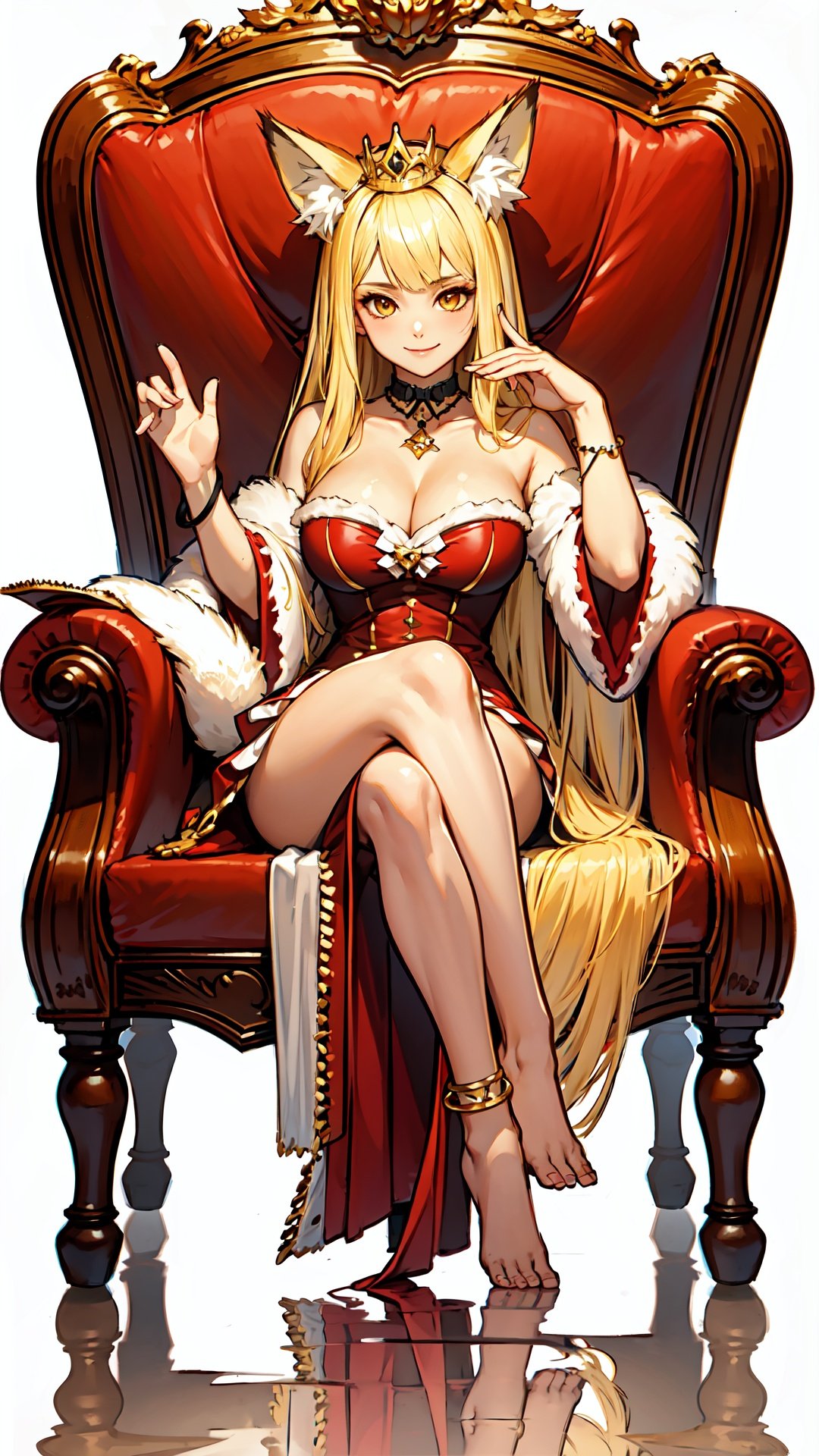  masterpiece, best quality, 1girl, fox girl, fox ears, blonde hair, long hair, yellow eyes, smile, sitting, crossed legs, holding, tiara, frilled dress, strapless, cleavage, bare shoulders, fur trim, detached sleeves, barefoot, toes, anklet, jewelry, throne, reflection,