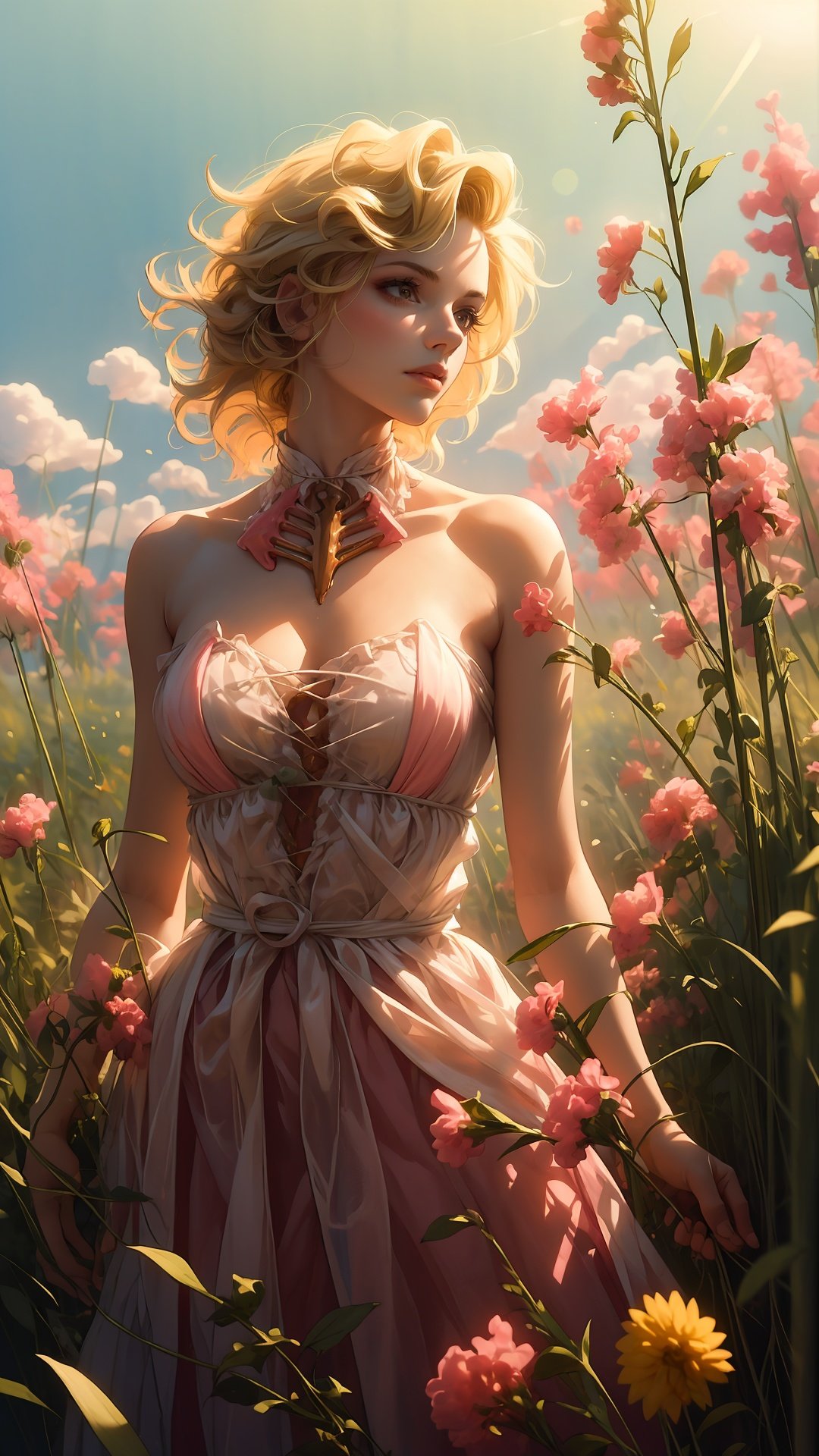  (masterpiece, best quality), natural soft light, (1girl), brown eyes, blonde color hair, standing in the field, strapless pink dress, surrounded by green smoke, wide-angle lens, lens flare, ultra high definition, high resolution, very detailed, best quality, clear theme, ultra-realistic and ultra-detail,(ribs:1.29),