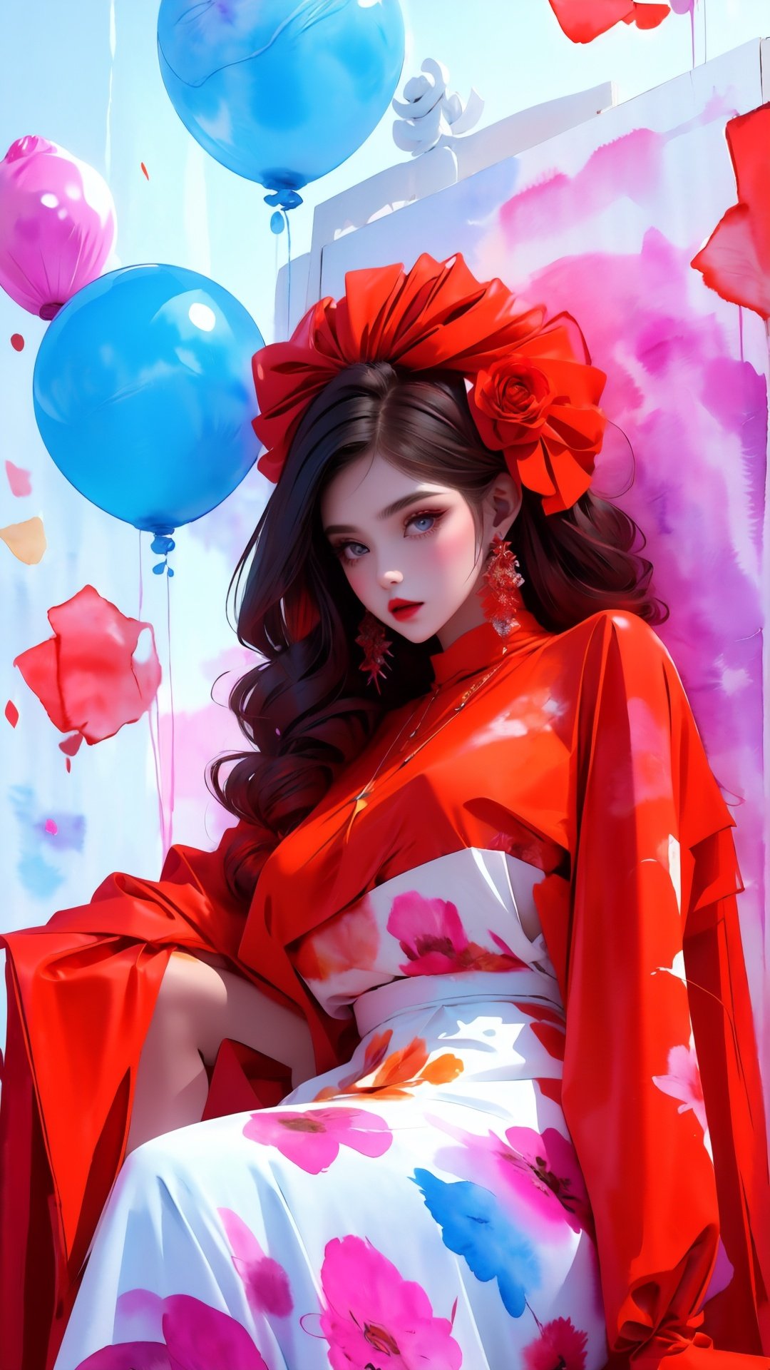  High quality, masterpiece, wallpaper, 1 girl, orange, red, blue,One girl lying on a large piece of paper,flower (painted in watercolor:1.5), whole body

BREAK

(oversized dress:1.4), shirt_lift