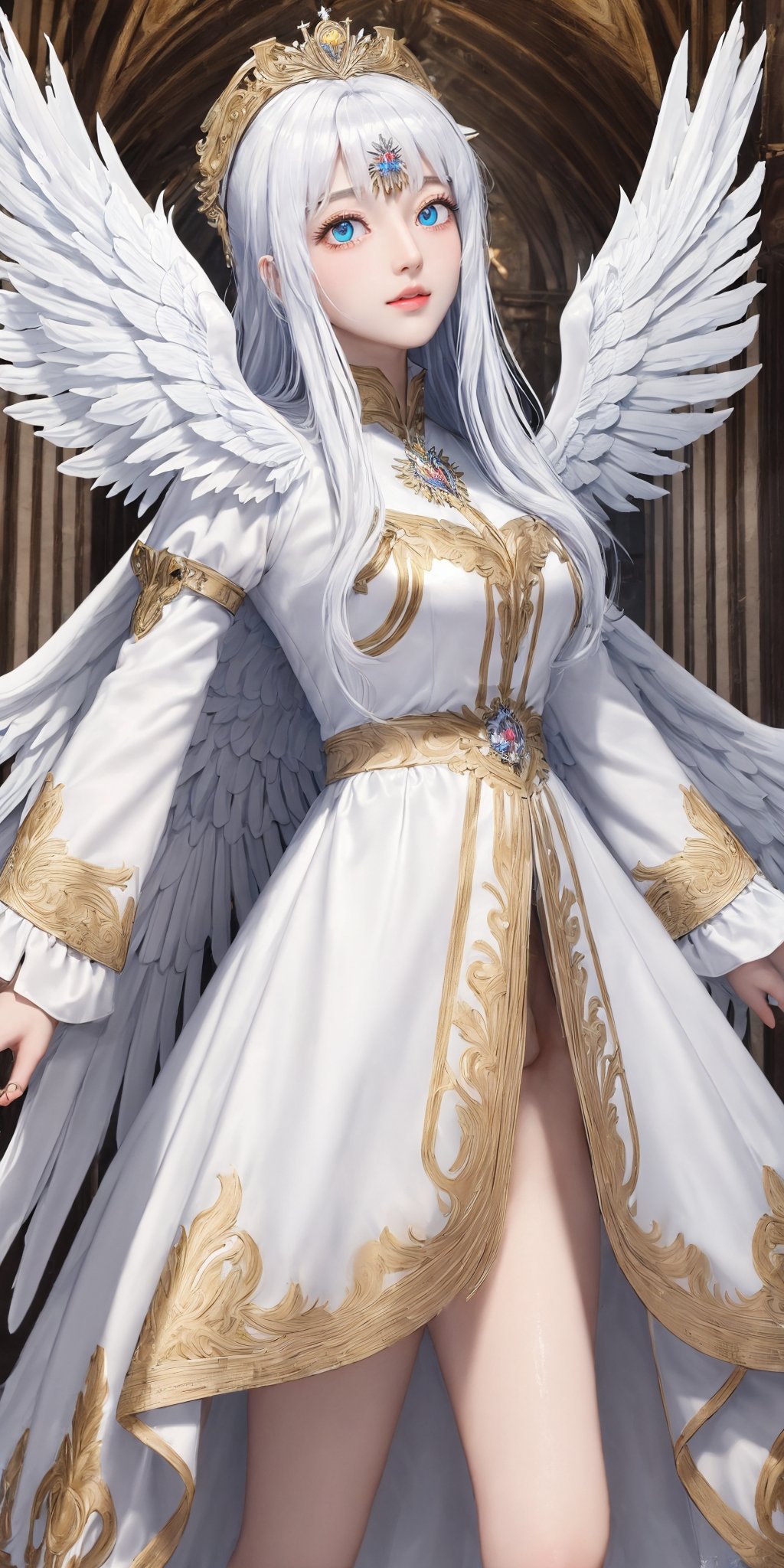 (masterpiece:1.5), highly detailed, ultra-detailed, (bestquality), (detailedeyes:1.2), (shinegoldeneyes:0.8), (longliverhair:1.2), (puffy sleeves:0.7), (white wings:1.5), (shinehalo:0.9), (heavymetal:1.3), (metaljewelry:0.8), (chain:0.5), (Whitedoves:0.8)