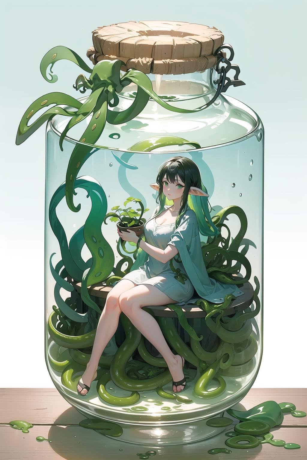 (Masterpiece, best_quality),[(a huge empty glass container in jar shape) : (a huge empty glass container in jar shape with white mucus inside):0.55]( green tentacles in glass container : 1.55) , ( herb-medicines and plant in glass container : 1.0 ),(green tentacles:1.6), girl in jar,1 girl,slime girl, shiny skin, (no humans :1.1),, masterpiece, best quality,