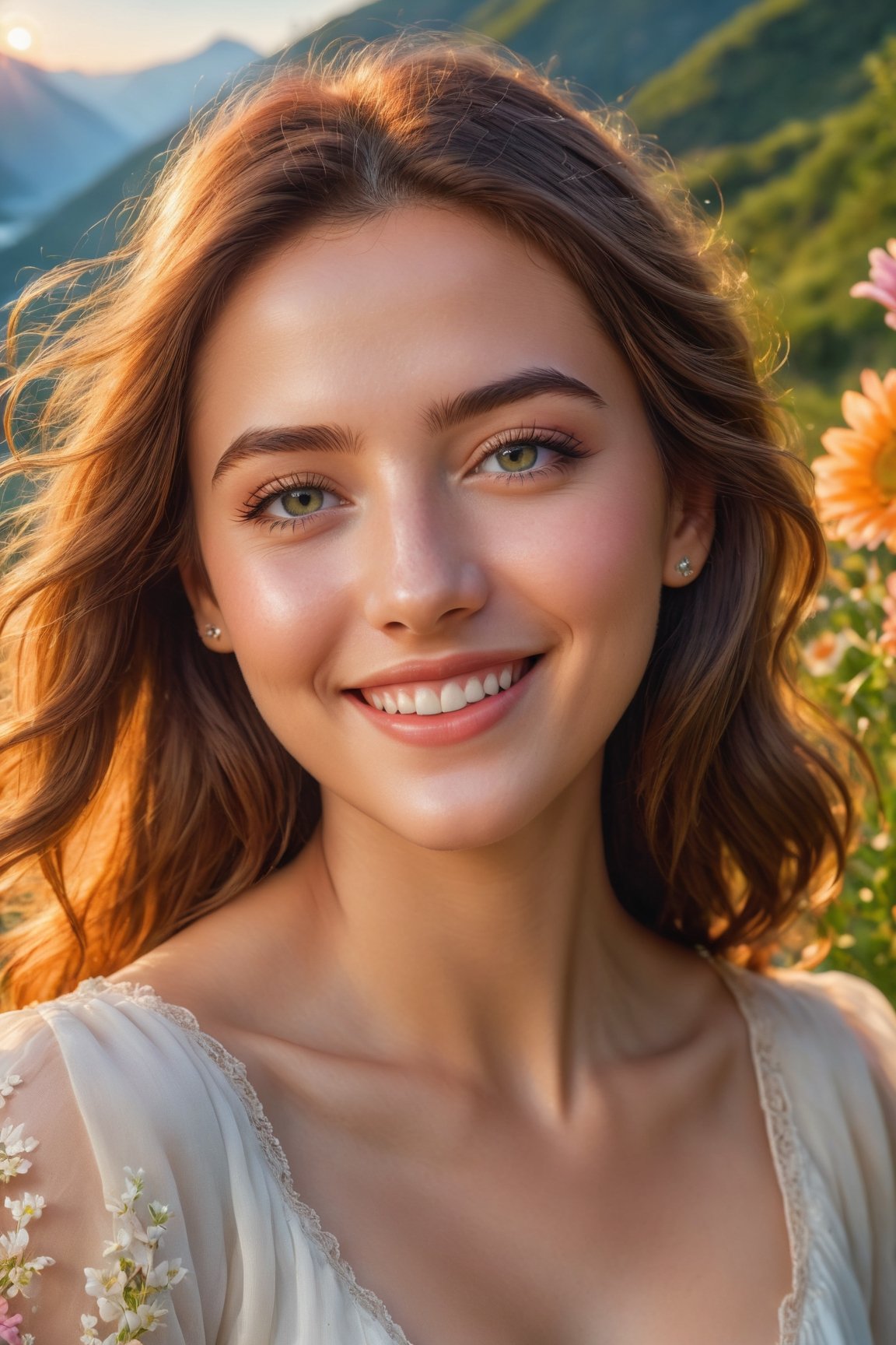 (best quality,8k,highres,masterpiece:1.2),photorealistic,ultra-detailed,vibrant photography of a woman in nature, cute smile,dramatic lighting,finely detailed beautiful eyes,fine detailed skin,Natural scenery,majestic landscape,colorful flowers,distant mountains,flowing rivers,melting sunset,serene atmosphere,dazzling sunlight,blissful vibes,freckled face,luscious greenery,soft breeze,ethereal beauty