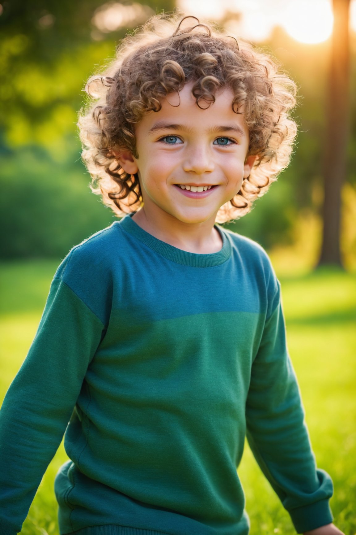 (best quality,highres,masterpiece:1.2),beautiful detailed face, cute smile,outdoor,boy,blue eyes,soft curly hair,lively expression,playful pose,vibrant colors,warm sunlight,green grass,trees in the background