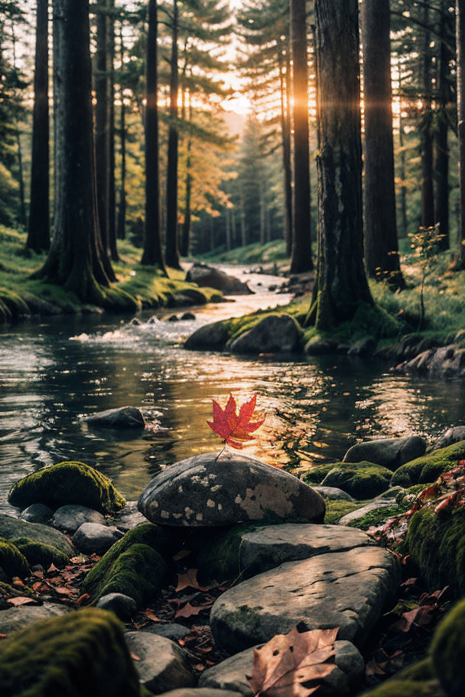 centered, photography, raw photo, | sunset cozy forest, trees, leaf, river, riverflow, rock path, | aesthetic vibe, sunset ilumination, blue and pink color shade, | bokeh, depth of field, 