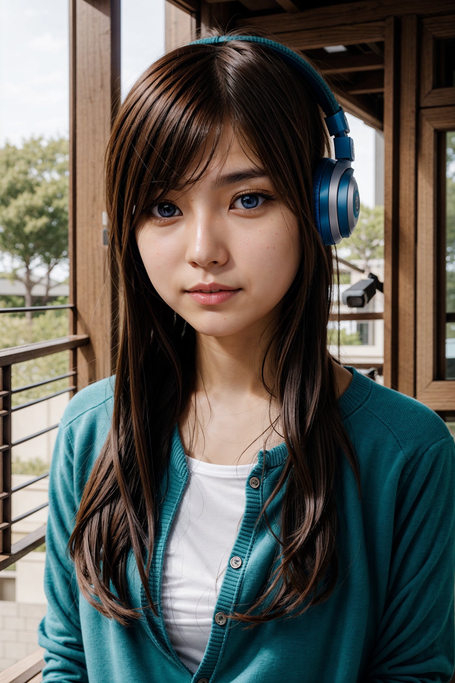  miku nakano, long hair, bangs, blue eyes, brown hair, shirt, hair between eyes, headphones, cardigan, headphones around neck