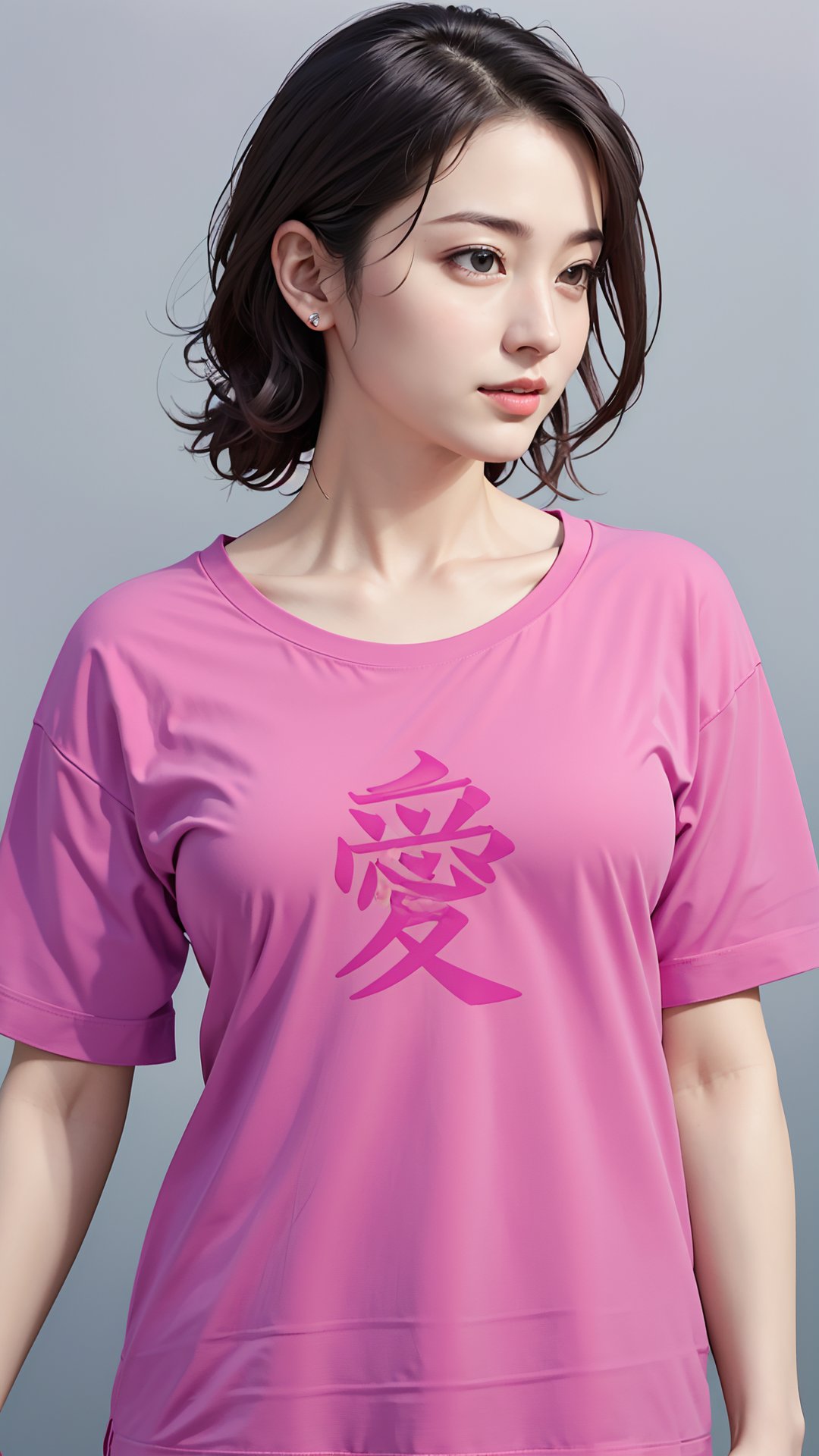 (best quality,masterpiece:1.2),ultra detailed,(photo realistic:1.4),(solo,cute girl:1.3),wearing t-shirt,love_T-shirt,bikini