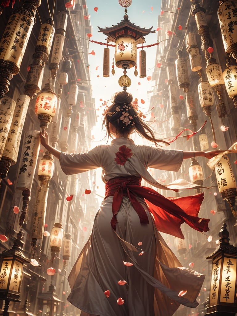 woman,  (((long talisman paper stuck on the forehead))),  Wonderland floating in the air,  rainy,  lantern,  Petals fly, <lora:EMS-74300-EMS:0.500000>