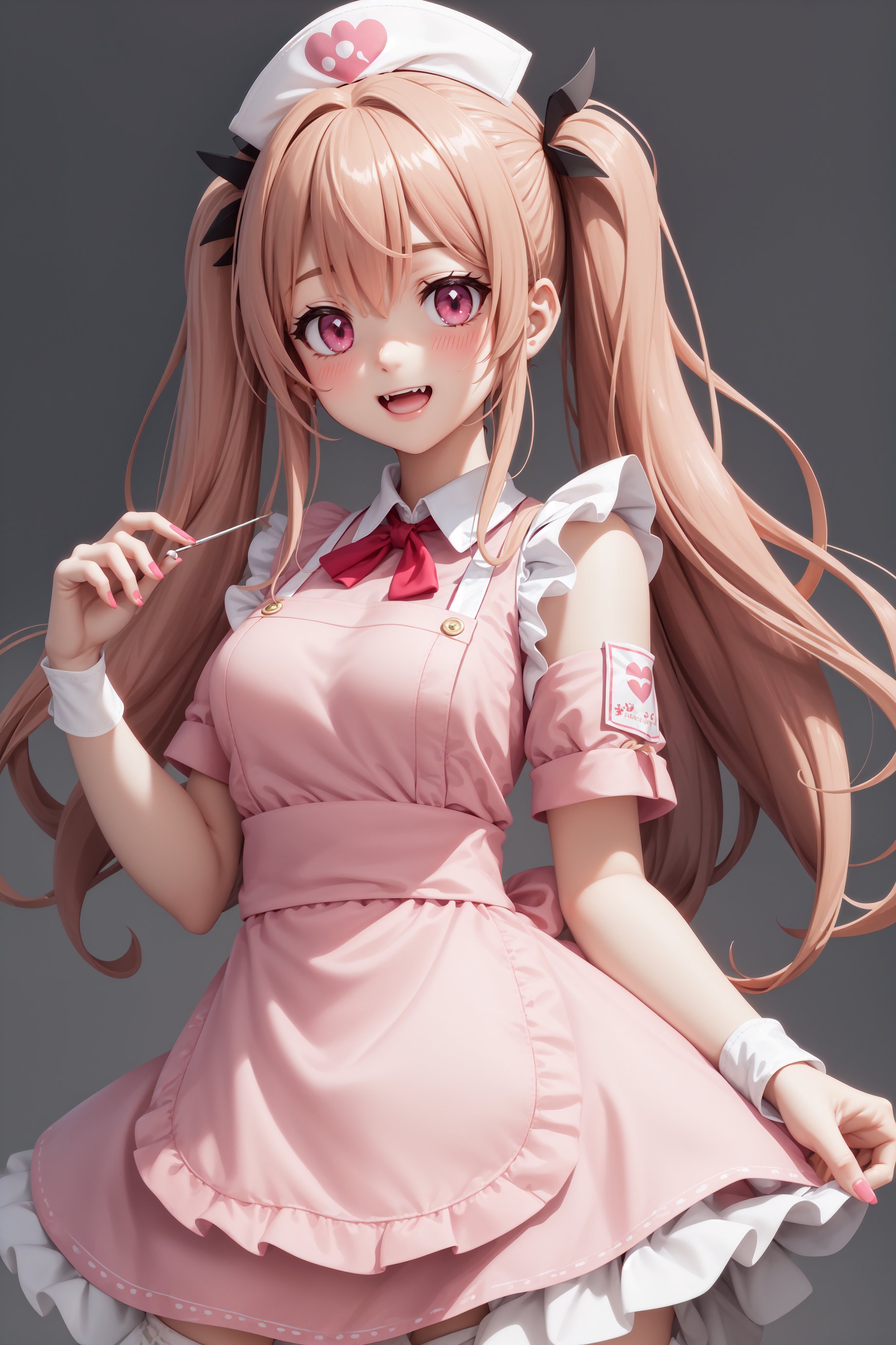 (masterpiece:1.3), (absurdres:1.3), (best quality:1.3), (ultra-detailed:1.3), 1girl, > <, apron, armband, bandages, bangs, blush, bunny hair ornament, double v, eyebrows visible through hair, fang, fingernails, hair ornament, hat, heart, light brown hair, long hair, looking at viewer, nail polish, natori sana, nurse cap, open mouth, pink apron, pink headwear, puffy short sleeves, puffy sleeves, red eyes, red nails, shirt, short sleeves, smile, solo, two side up, v, very long hair, virtual youtuber, w