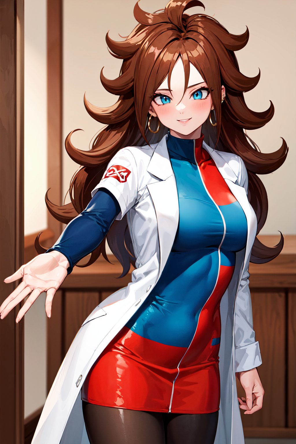 masterpiece, best quality, highres, aaandro, brown hair, long hair, curly hair, blue eyes, hoop earrings, two-tone dress, checkered dress, labcoat, long sleeves, black pantyhose, dragon ball, <lora:android_21_v1:0.7>, indoors, standing, cowboy shot, smile, 