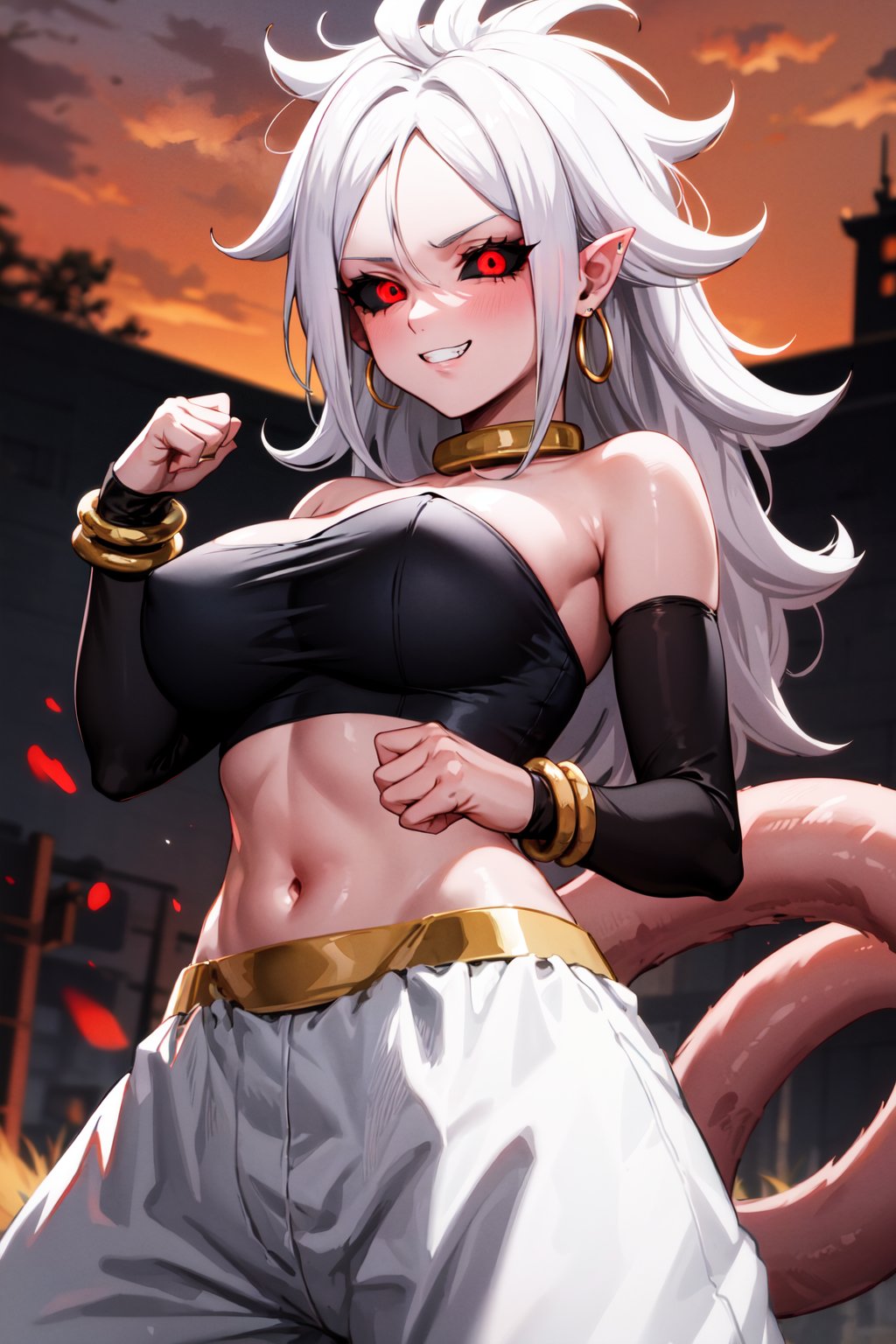 masterpiece, best quality, highres, bbandro, white hair, long hair, messy hair, pointy ears, hoop earrings, red eyes, colored sclera, (black sclera:1.1), pink skin, tail, large breasts, bare shoulders, strapless, detached sleeves, bracelet, midriff, harem pants, white pants, dragon ball, <lora:android_21_v1:0.7>, <lyco:coloredSclera-000010:0.7>, standing, evil grin, fighting stance, field, sunset