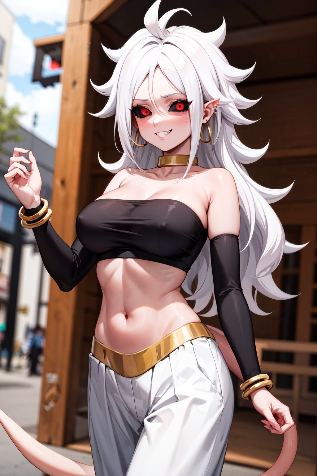 masterpiece, best quality, highres, bbandro, white hair, long hair, messy hair, pointy ears, hoop earrings, red eyes, colored sclera, (black sclera:1.1), pink skin, tail, large breasts, bare shoulders, strapless, detached sleeves, bracelet, midriff, harem pants, white pants, dragon ball, <lora:android_21_v1:0.7>, <lyco:coloredSclera-000010:0.7>, cowboy shot, standing, outdoors, evil grin, 