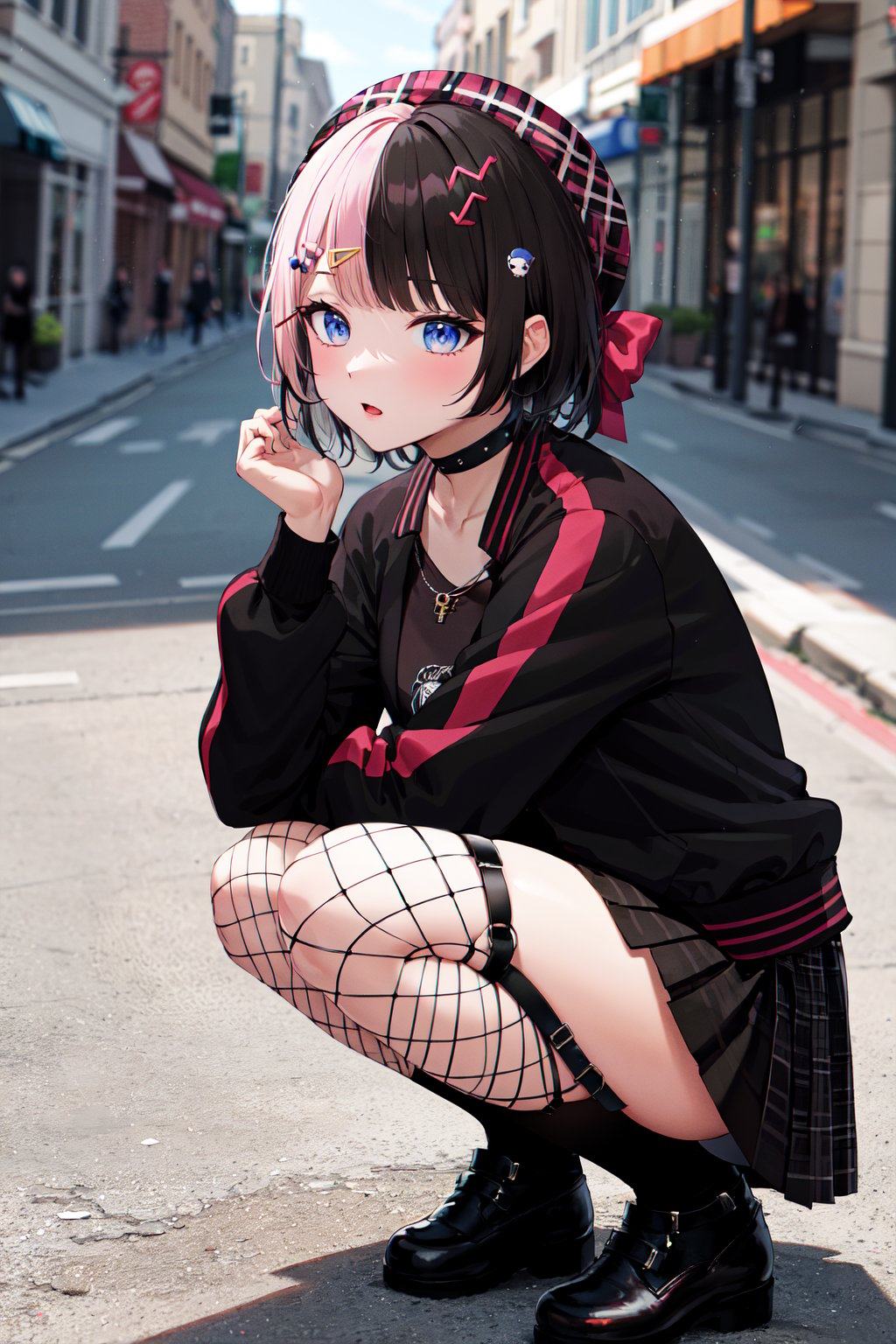 masterpiece, best quality, highres, bbhinano, short hair, (multicolored hair:1.2) beret, plaid headwear, hat bow, hair ornament, hairclip, necklace, black choker, black shirt, black jacket, open jacket, belt, black skirt, plaid skirt, asymmetrical legwear, fishnet thighhighs, garter straps, <lora:tachibana_hinano_v1:0.8>, street, squatting,