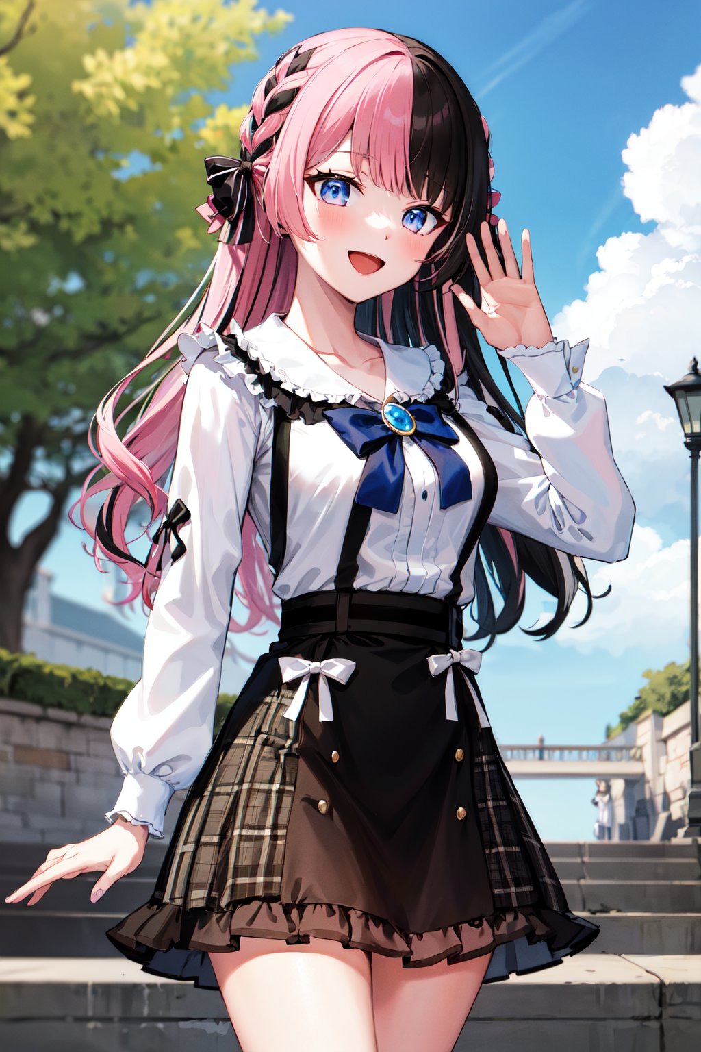 masterpiece, best quality, highres, aahinano, long hair, (multicolored hair:1.2), hair bow, collarbone, black bowtie, brooch, white shirt, suspender skirt, frilled skirt, pink bow, <lora:tachibana_hinano_v1:0.8>, cowboy shot, standing, smile, outdoors, open mouth, waving