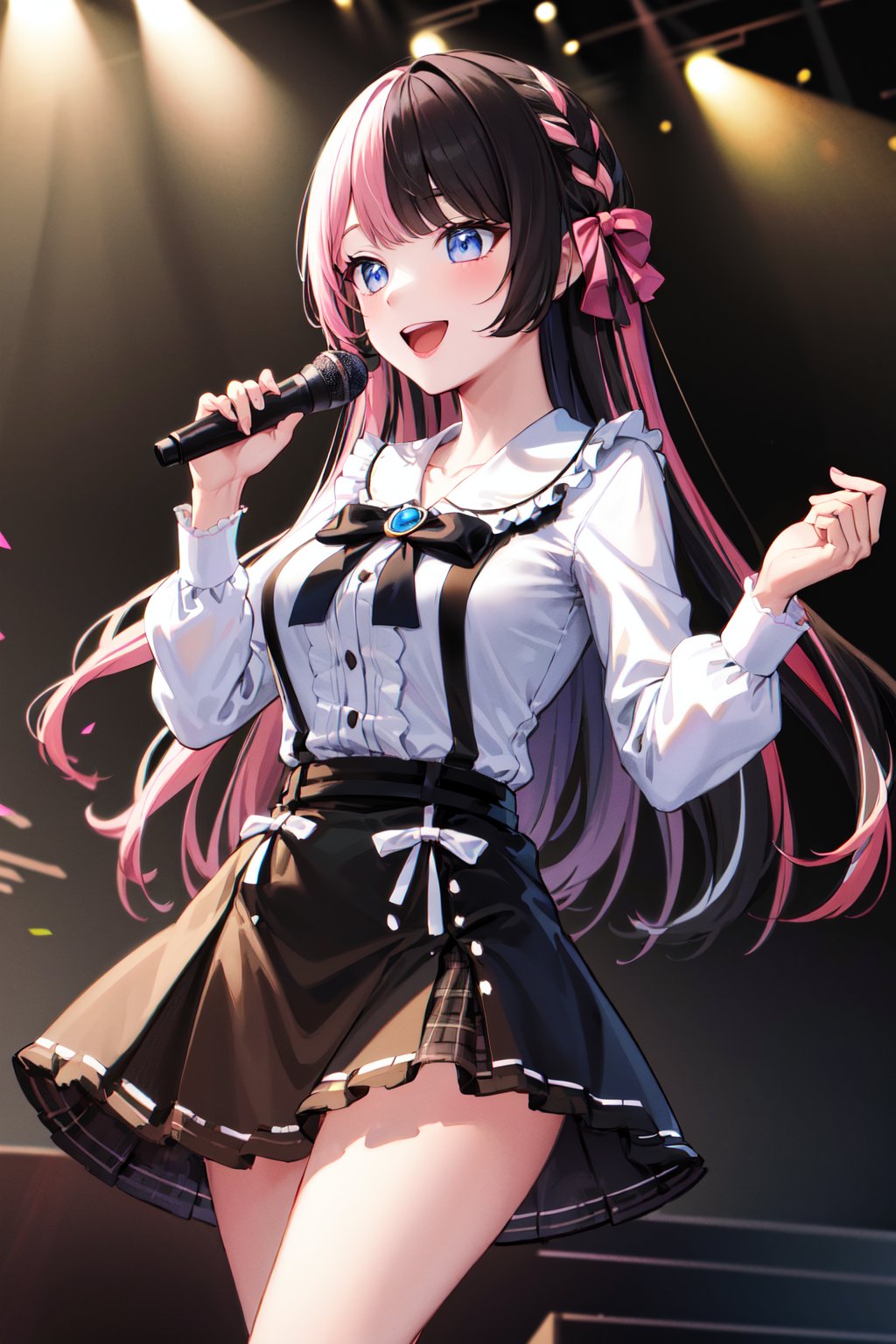 masterpiece, best quality, highres, aahinano, long hair, (multicolored hair:1.2), hair bow, collarbone, black bowtie, brooch, white shirt, suspender skirt, frilled skirt, pink bow, <lora:tachibana_hinano_v1:0.8>, stage, holding microphone, smile, open mouth, standing