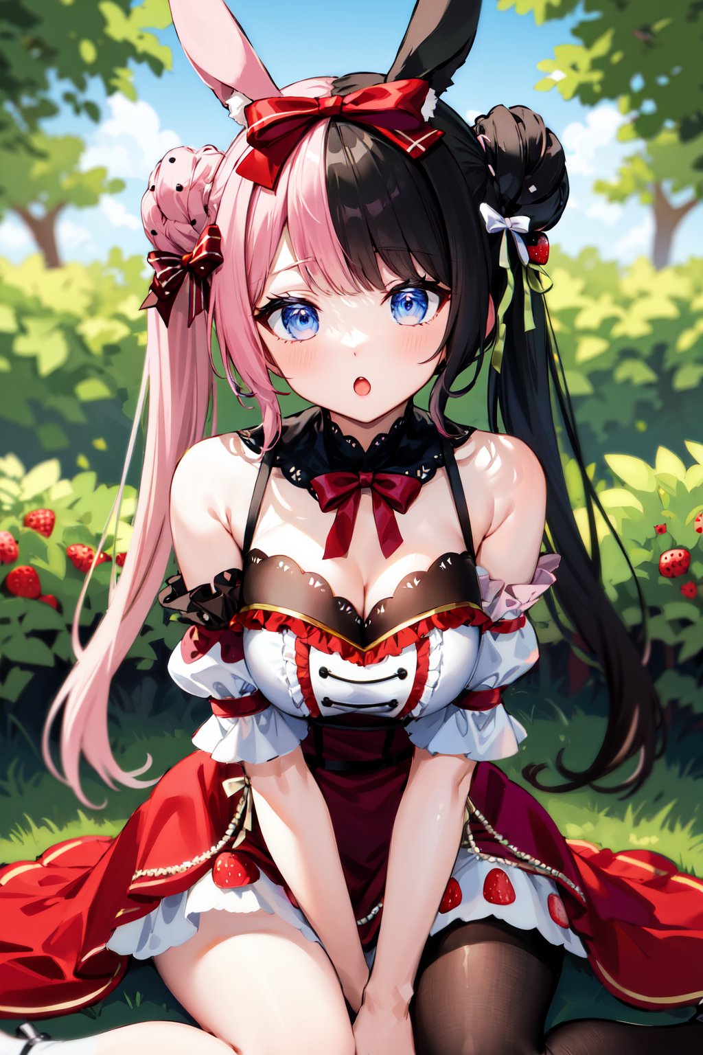 masterpiece, best quality, highres, cchinano, long hair, (multicolored hair:1.2), double bun, twintails, animal ears, strawberry hair ornament, white bow, red bow, hair bow, detached collar, red bowtie, cleavage, dress, bare shoulders, thighhighs, asymmetrical legwear, <lora:tachibana_hinano_v1:0.8>, garden, outdoors, :o, wariza, hand between legs,