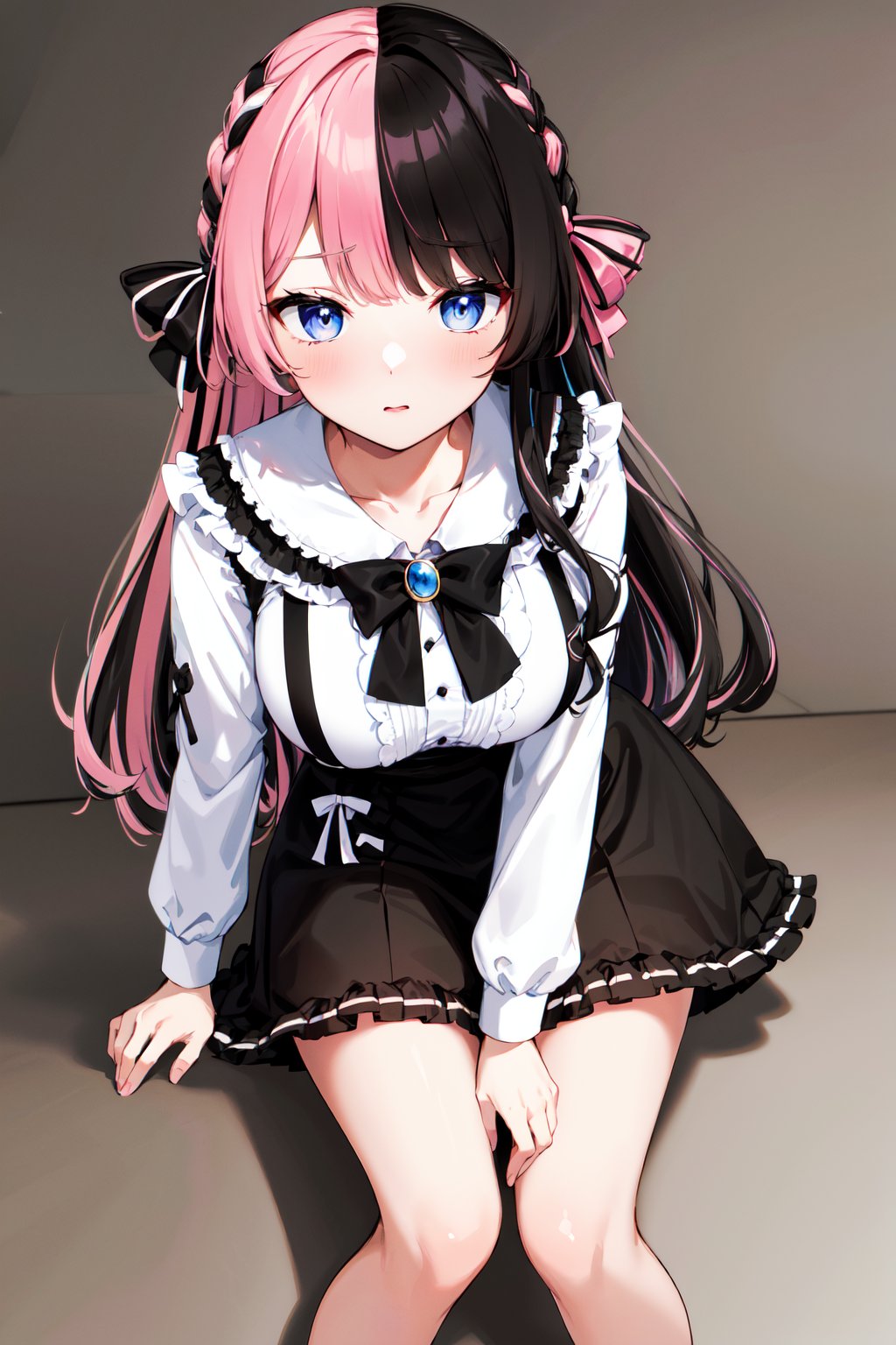 masterpiece, best quality, highres, aahinano, long hair, (multicolored hair:1.2), hair bow, collarbone, black bowtie, brooch, white shirt, suspender skirt, frilled skirt, pink bow, <lora:tachibana_hinano_v1:0.8>, hand on own knee, standing