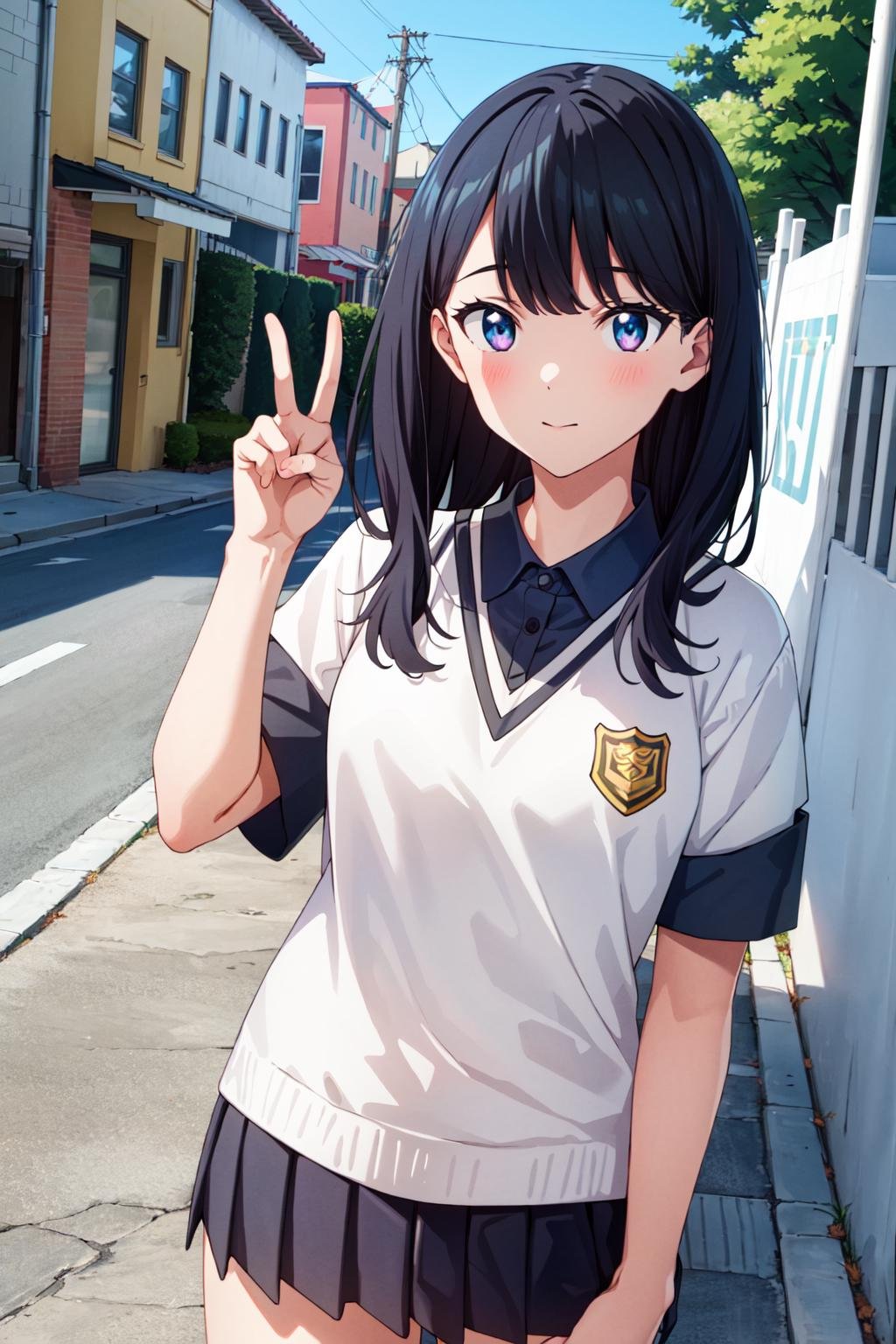 masterpiece, best quality,1girl,highres,rikka,takarada rikka,bangs, <lora:rikka_v4-000010:0.7>,school uniform, short sleeves, street, pleated skirt,peace sign,