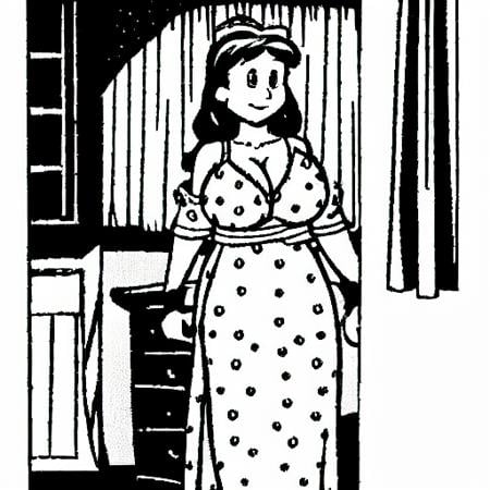 a cartoon mom dressed in a night gown,  deep cleavage,  art by by Oliver DR on Tensor.Art