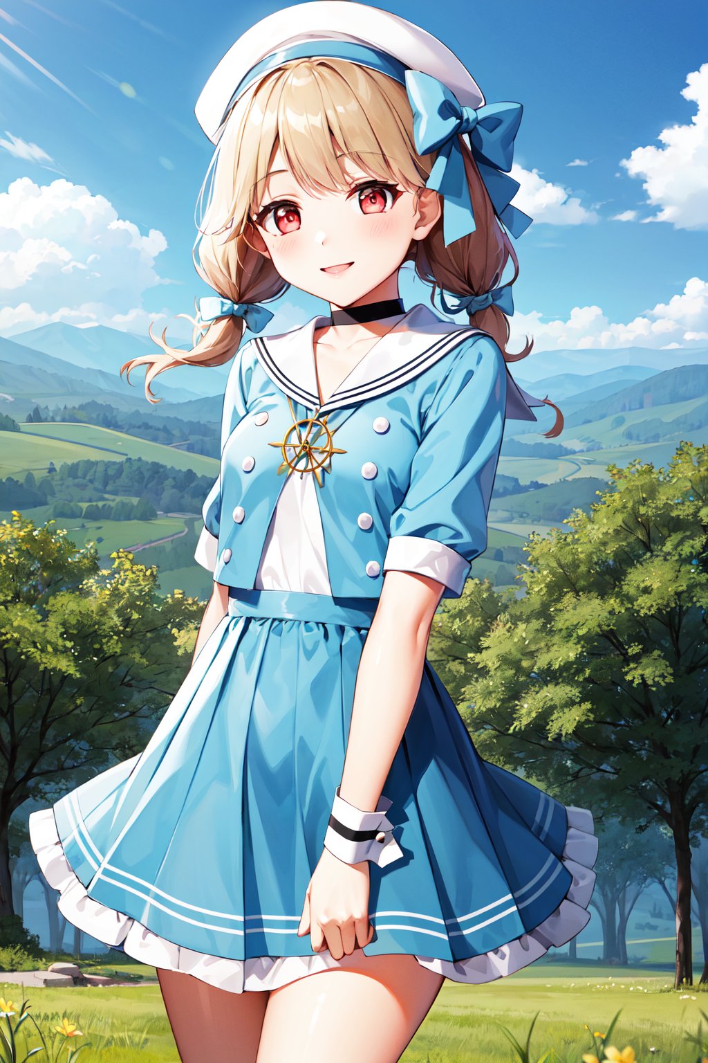 masterpiece, best quality, highres, aatoto, short twintails, braid, beret, white headwear, hat bow, choker, sailor collar, blue dress, short sleeves, wrist cuffs, <lora:kogara_toto_1:0.7>, standing, cowboy shot, outdoors, smile,