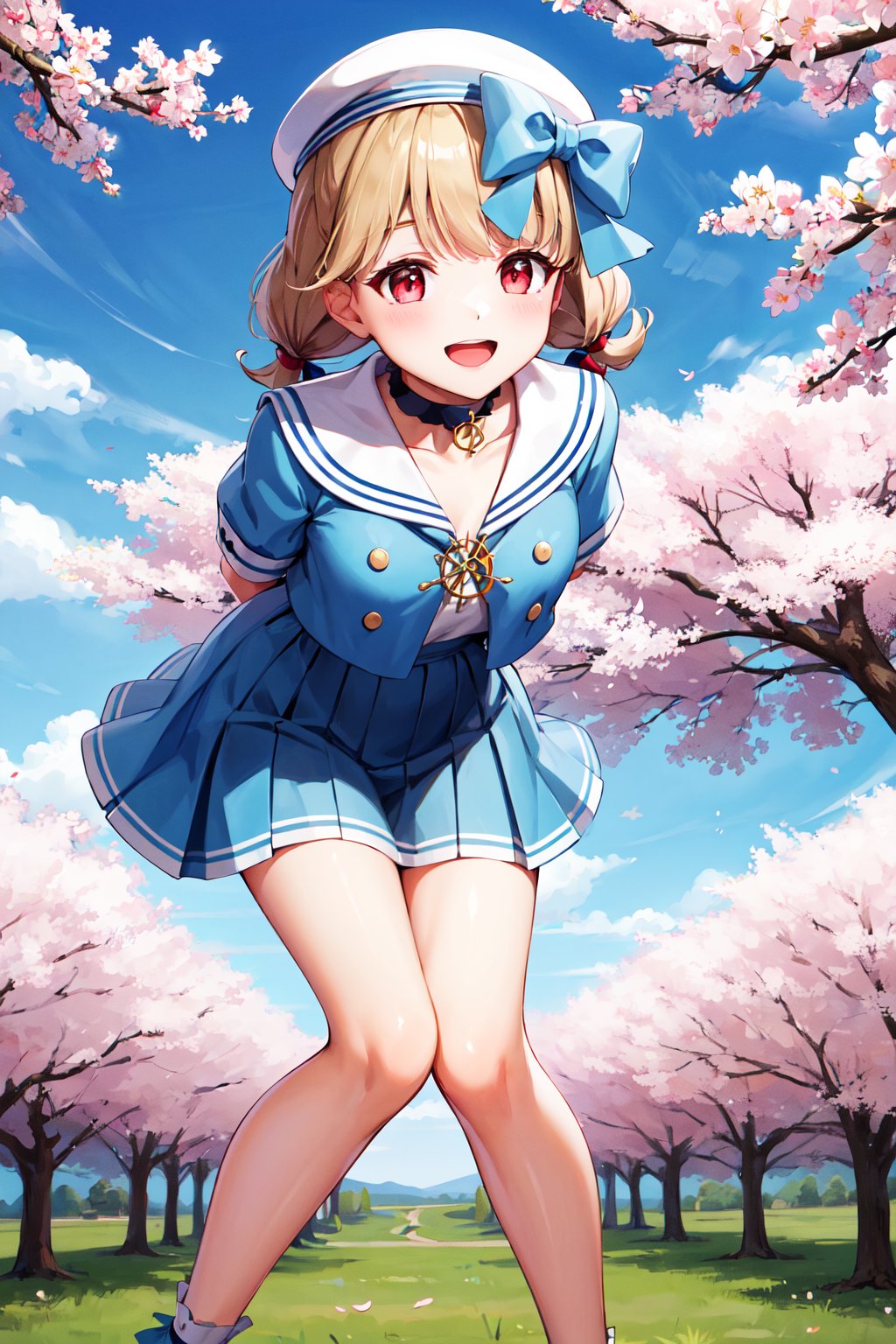 masterpiece, best quality, highres, aatoto, short twintails, braid, beret, white headwear, hat bow, choker, sailor collar, blue dress, short sleeves, wrist cuffs, <lora:kogara_toto_1:0.7>, outdoors, cherry blossoms, standing, leaning forward, arms behind back, smile, open mouth, 