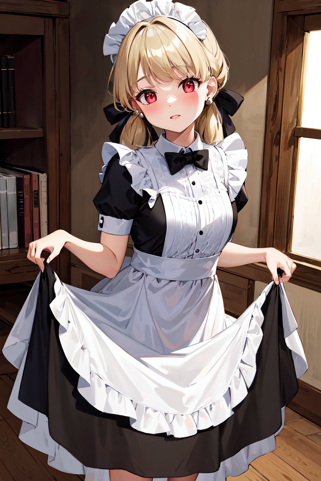 masterpiece, best quality, highres, aatoto, long hair, low twintails, hair ribbon, black ribbon, earrings, <lora:kogara_toto_1:0.7>, maid, standing, indoors, skirt hold, maid headdress, 