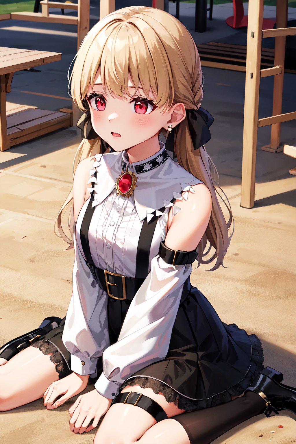 masterpiece, best quality, highres, aatoto, long hair, low twintails, hair ribbon, black ribbon, earrings, brooch, bare shoulders, frills, white shirt, detached sleeves, suspenders, black skirt, <lora:kogara_toto_1:0.7>, wariza, playground, 