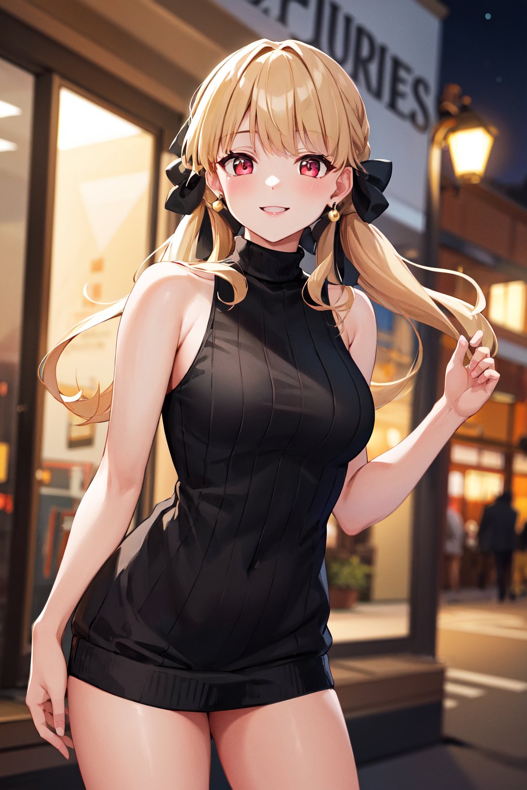 masterpiece, best quality, highres, aatoto, long hair, low twintails, hair ribbon, black ribbon, earrings, <lora:kogara_toto_1:0.7>, sweater dress, virgin killer sweater, sleeveless, turtleneck, bare arms, cowboy shot, smile, night, street