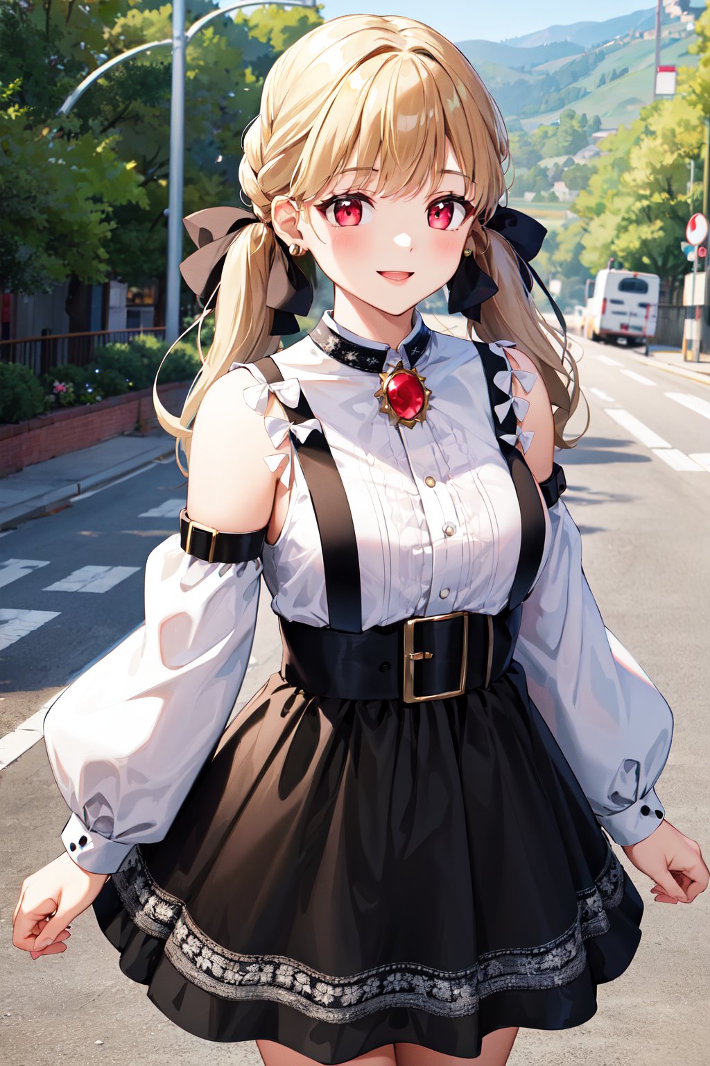 masterpiece, best quality, highres, aatoto, long hair, low twintails, hair ribbon, black ribbon, earrings, brooch, bare shoulders, frills, white shirt, detached sleeves, suspenders, black skirt, <lora:kogara_toto_1:0.7>, standing, cowboy shot, outdoors, smile, street, 