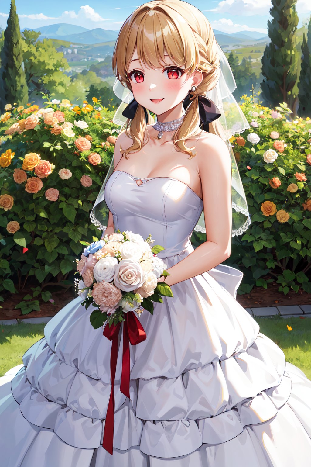 masterpiece, best quality, highres, aatoto, long hair, low twintails, hair ribbon, black ribbon, earrings, <lora:kogara_toto_1:0.7>, wedding dress, white dress, strapless, garden, standing, cowboy shot, smile, holding bouquet, confetti,