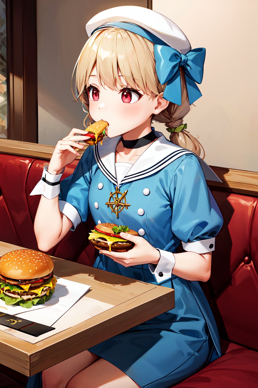 masterpiece, best quality, highres, aatoto, short twintails, braid, beret, white headwear, hat bow, choker, sailor collar, blue dress, short sleeves, wrist cuffs, <lora:kogara_toto_1:0.7>, restaurant, table, food, eating, burger, 