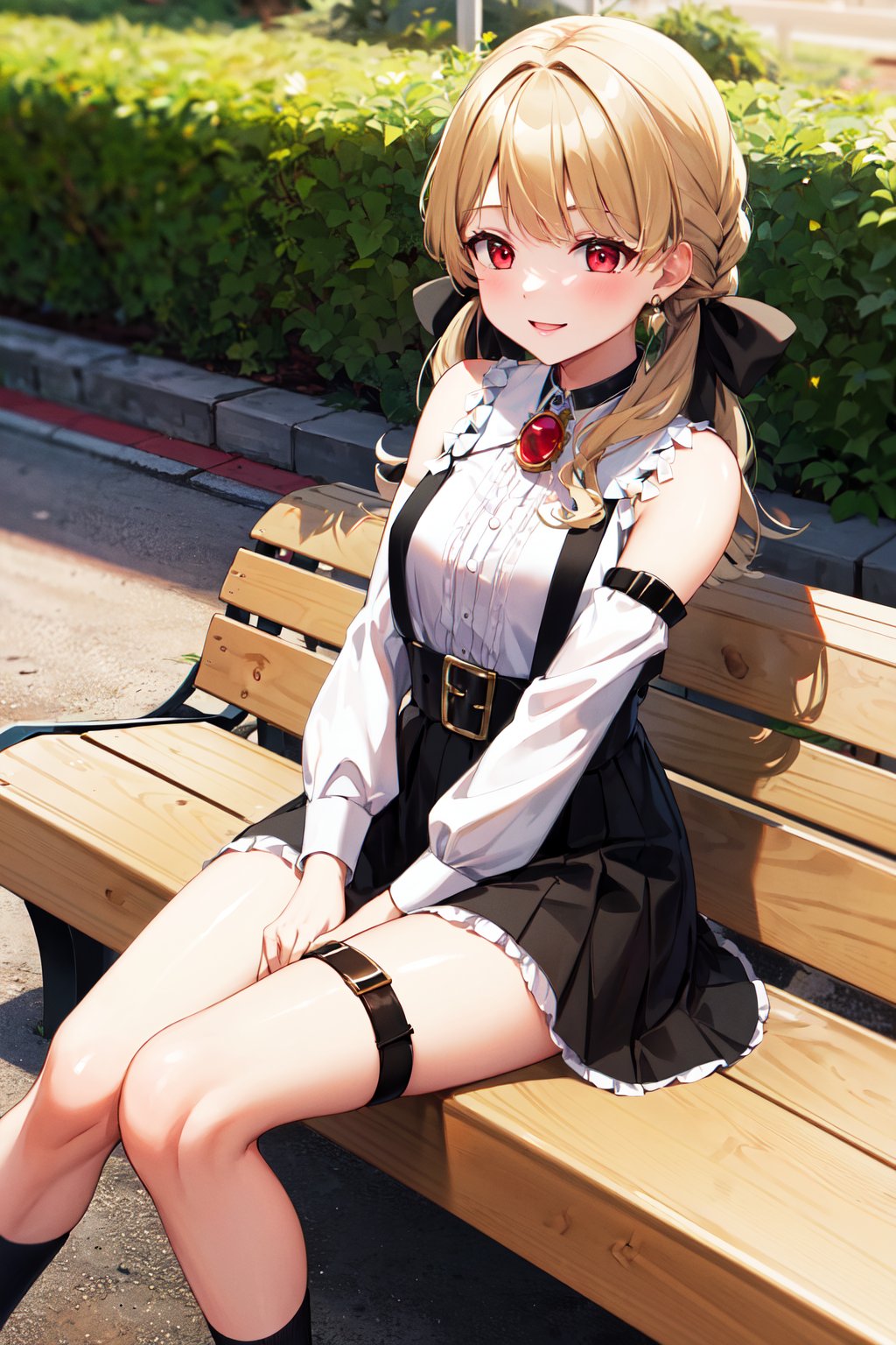 masterpiece, best quality, highres, aatoto, long hair, low twintails, hair ribbon, black ribbon, earrings, brooch, bare shoulders, frills, white shirt, detached sleeves, suspenders, black skirt, <lora:kogara_toto_1:0.7>, playground, bench, sitting, smile