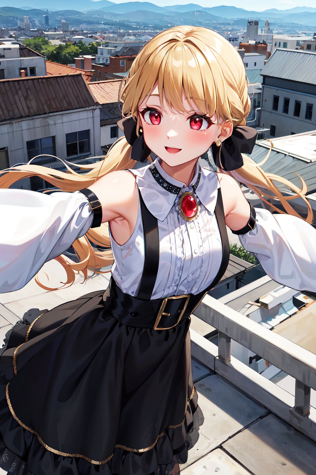 masterpiece, best quality, highres, aatoto, long hair, low twintails, hair ribbon, black ribbon, earrings, brooch, bare shoulders, frills, white shirt, detached sleeves, suspenders, black skirt, <lora:kogara_toto_1:0.7>, rooftop, outstretched arms, smile, city