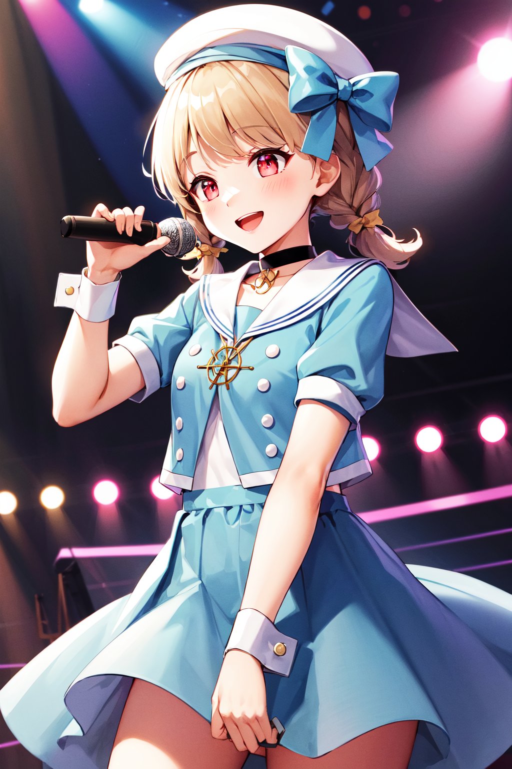 masterpiece, best quality, highres, aatoto, short twintails, braid, beret, white headwear, hat bow, choker, sailor collar, blue dress, short sleeves, wrist cuffs, <lora:kogara_toto_1:0.7>, stage, smile, open mouth, holding microphone,