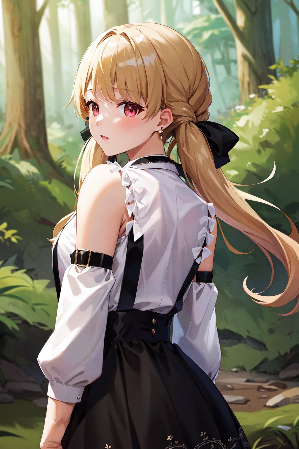 masterpiece, best quality, highres, aatoto, long hair, low twintails, hair ribbon, black ribbon, earrings, brooch, bare shoulders, frills, white shirt, detached sleeves, suspenders, black skirt, <lora:kogara_toto_1:0.7>, outdoors, forest, from behind, looking at viewer, 