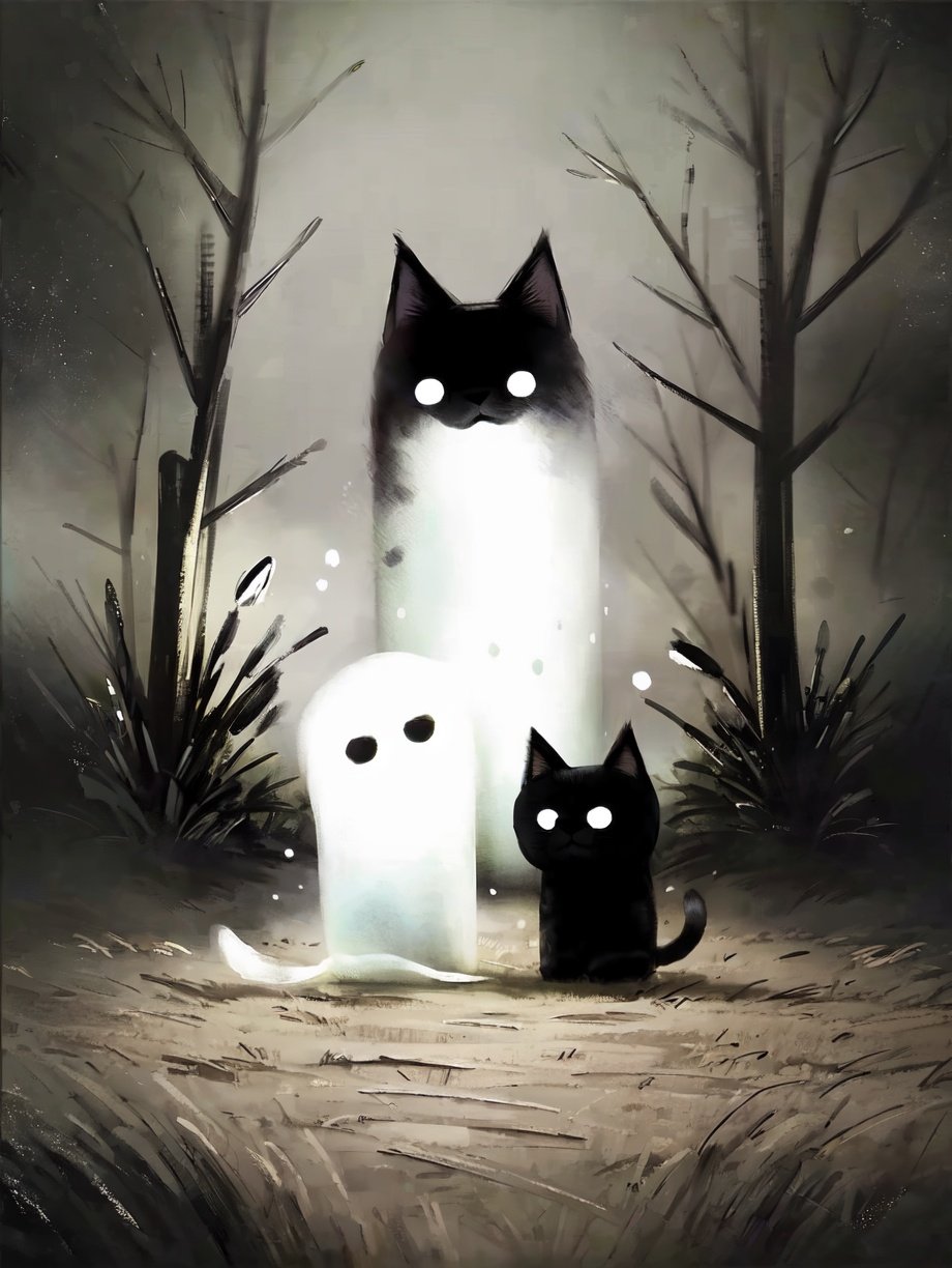 (((best quality,masterpiece,fine detailed,))),<lora:CJ wsj:1>,ghost,glowing ghost,night,cute ghost,1 black kitten,, (best quality, high quality, masterpiece,),