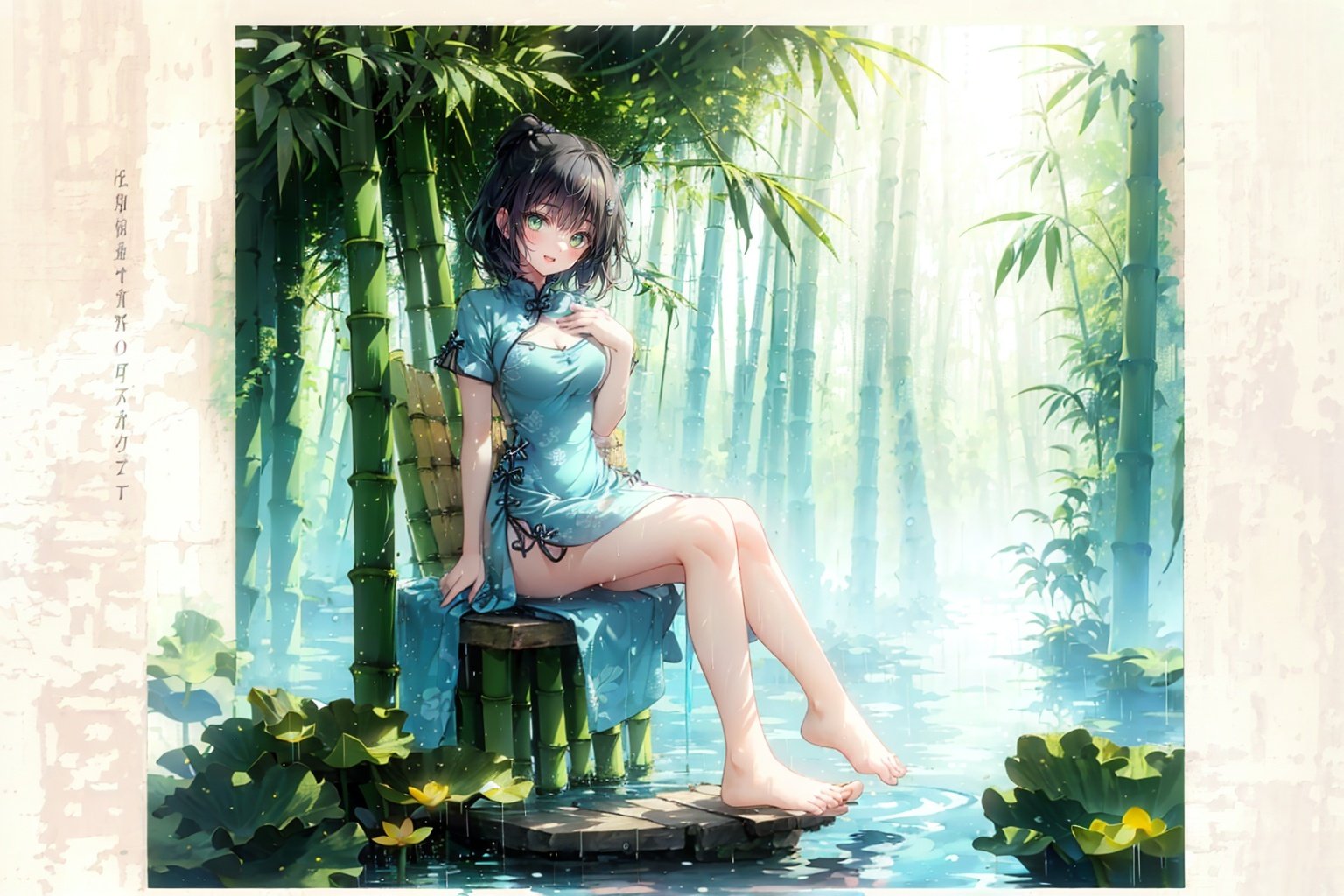  (sunlight, beautiful sky, panorama ,overlook,barefoot), (short sleeves),((A beautiful girl sitting ,on a bamboo raft ,river,Huge lotus, rainy,aqua_china_dress)), (full body),(bright light,fantasy), ((spotted light)),1 girl, ((black hair, shy, blush))