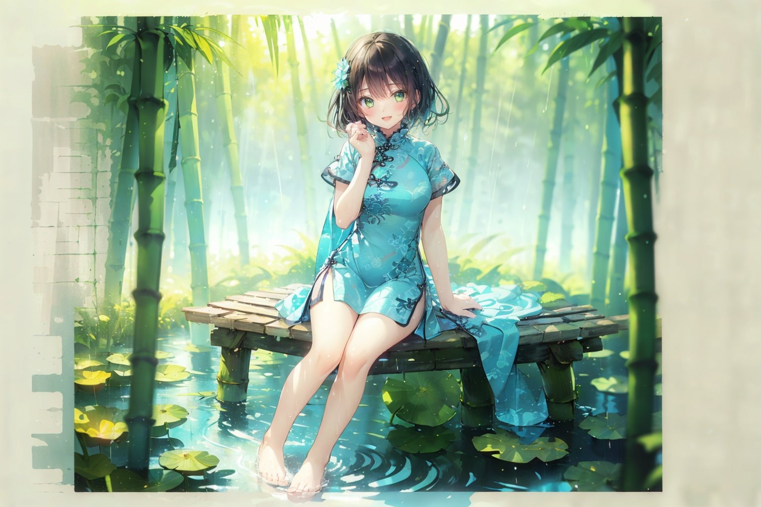 (sunlight, beautiful sky, panorama ,overlook,barefoot), (short sleeves),((A beautiful girl sitting ,on a bamboo raft ,river,Huge lotus, rainy,aqua_china_dress)), (full body),(bright light,fantasy), ((spotted light)),1 girl, ((black hair, shy, blush))