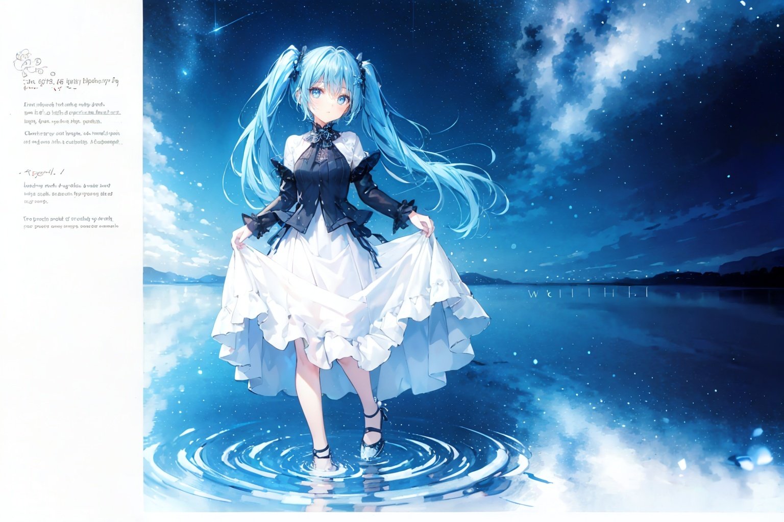  (english text:1.25),(from side), blue theme, (walking_in_liquid), standing_on_liquid, reflective_water, night, only water, (head down), closed eyes, skirt hold,(the surface of the water reflected the brigh stars), light_particles,1girl, very long hair, twintails, solo, hatsune miku, dress, blue hair, full body,water surface, reflection, star (sky), starry sky,,