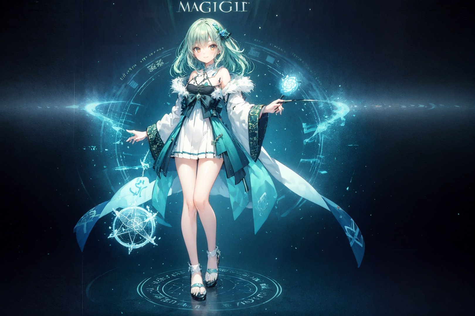  magic circle,(holding a wand),long hair,1girl,green hair,standing,full body,bare leg,mid shot