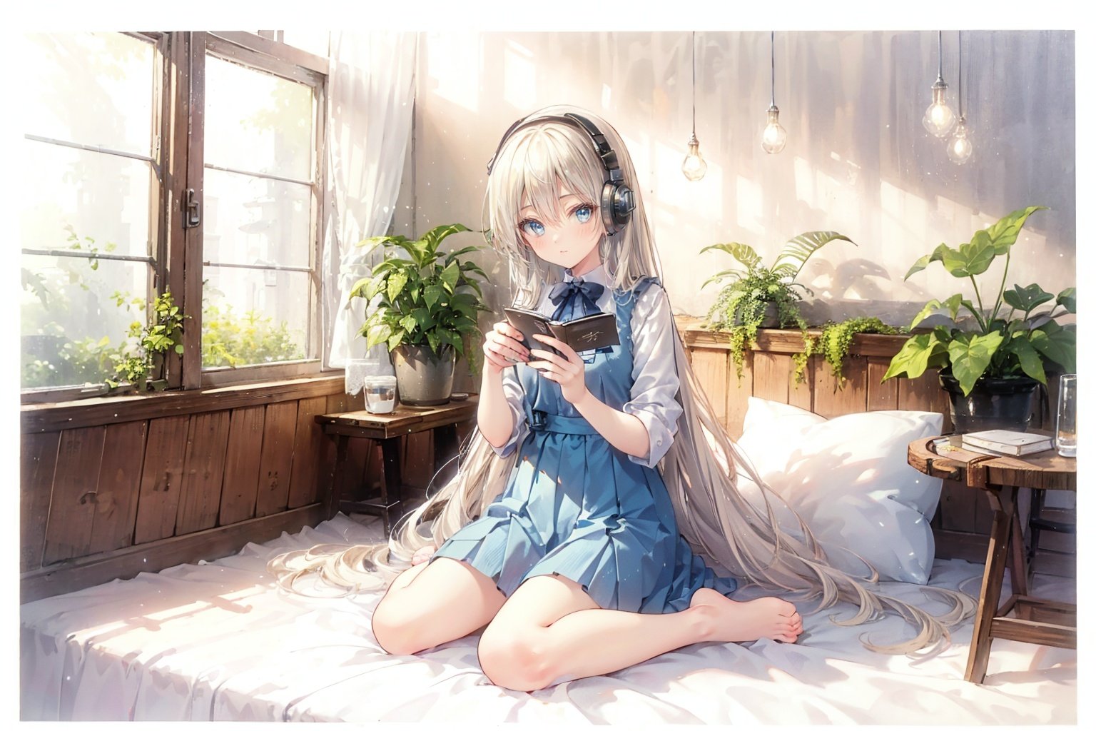  extremely delicate and beautiful,
depth of field,amazing,masterpiece,growth,visual impact,
ultra-detailed,

1girl, long_hair, window, book, pillow, barefoot, solo, plant, very_long_hair, indoors, potted_plant, headphones, cup,
gorgeous,fantasism,nature,refined rendering,original,contour deepening,high-key and low-variance brightness scale,soft light,light and dark interlaced,