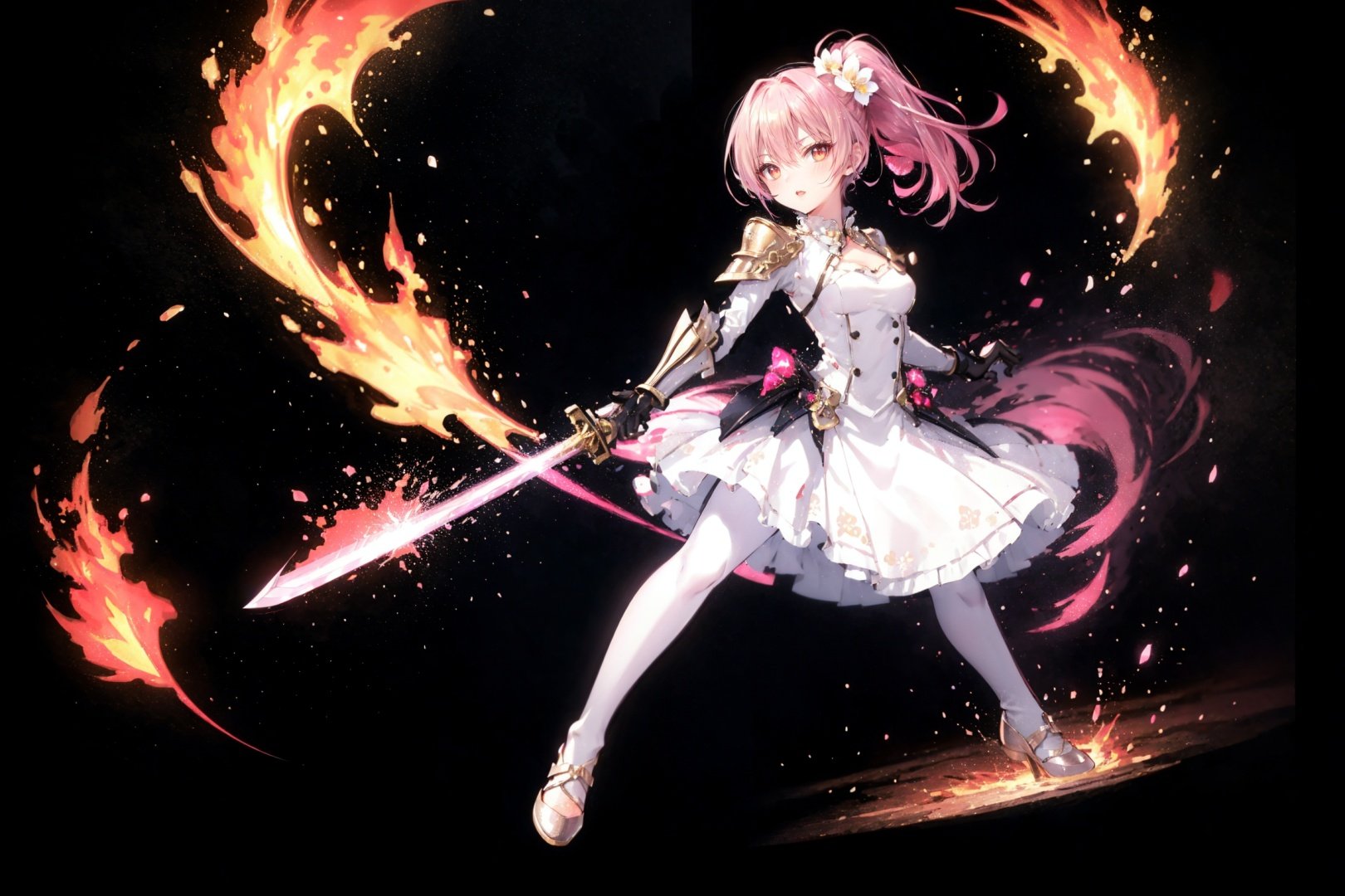  [Black background,simple back ground],1girl,pink hair,high ponytail,red eyes,open mouth, serious, (hair over one eye),(beautiful detailed face),fire, white head flower,holding sword,(dynamic angle,dynamic pose),mid shot, full body,white skirt, black pantyhose,armor dress