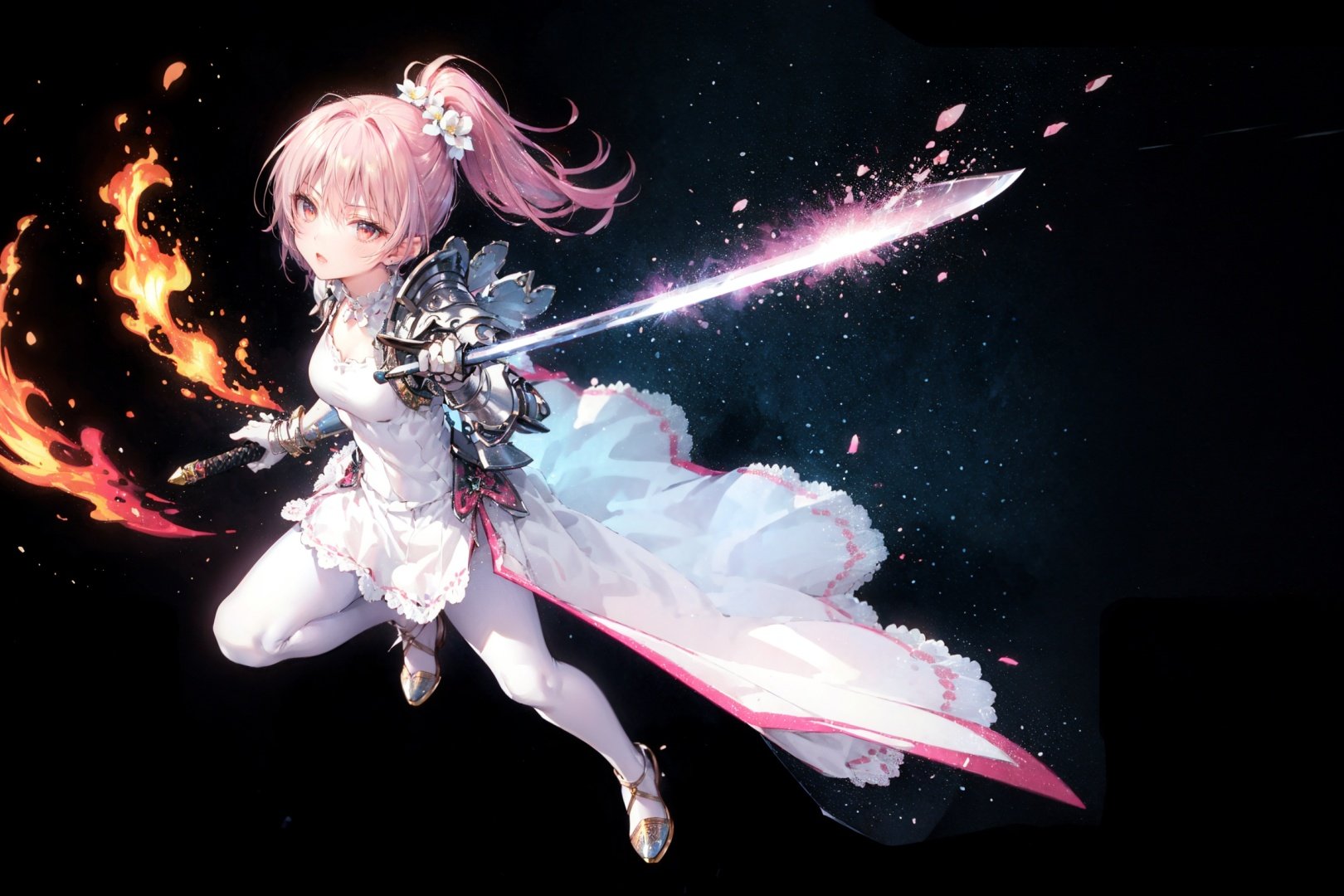  [Black background,simple back ground],1girl,pink hair,high ponytail,red eyes,open mouth, serious, (hair over one eye),(beautiful detailed face),fire, white head flower,holding sword,(dynamic angle,dynamic pose),mid shot, full body,white skirt, black pantyhose,armor dress