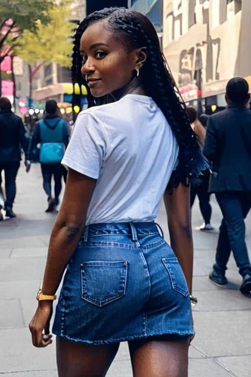 Majestic beautiful African woman walking through the busy streets of New York in a tight denim mini skirt and white baggy t-shirt dina asher-smith,  rear view, <lora:EMS-62154-EMS:1.200000>