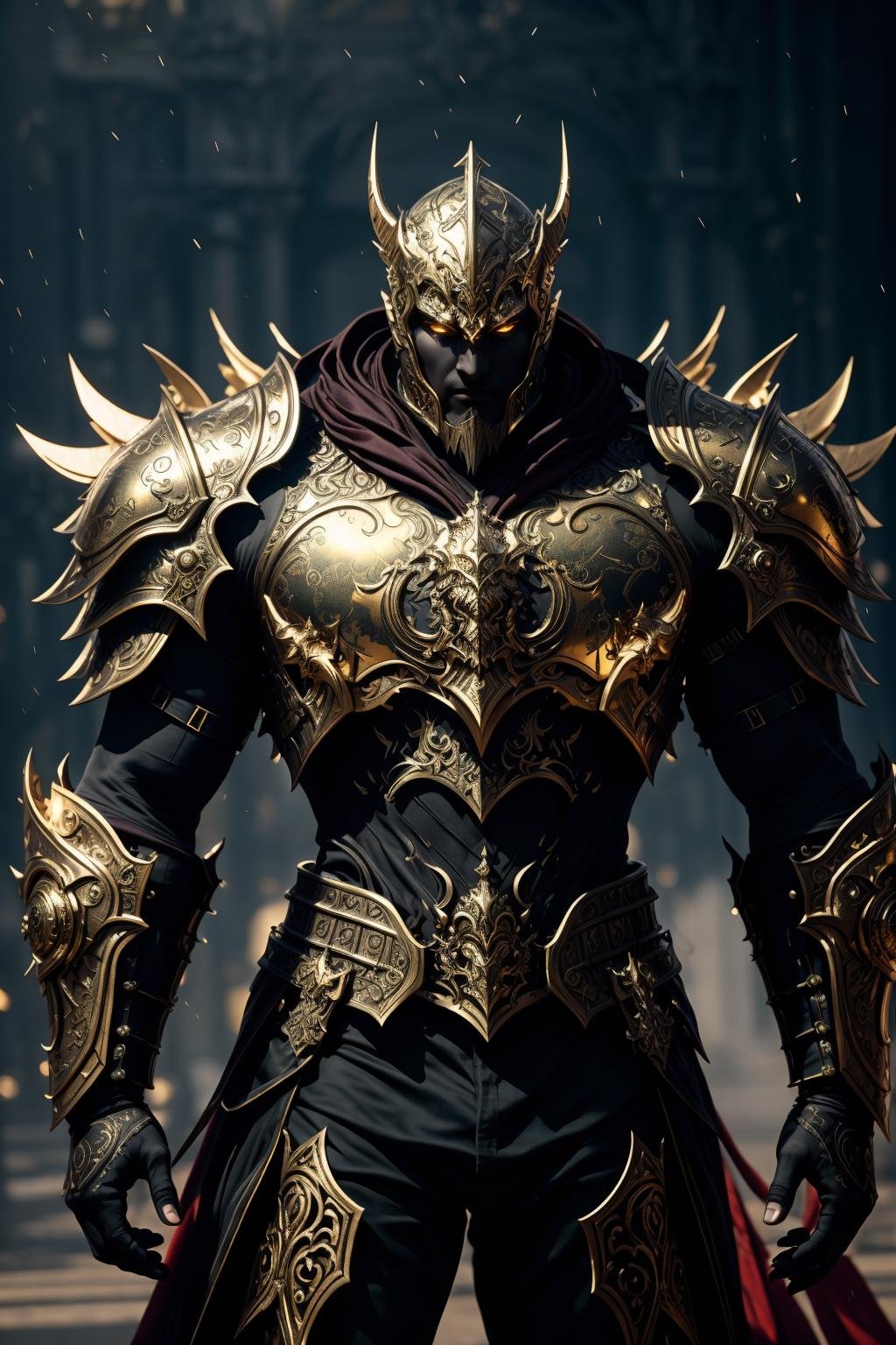 <lora:hades_armor_v3:0.7>masterpiece, best quality, intricate details, highly detailed raw photography, photorealism, photorealistic, Real-Time Ray Tracing lighting, volumetric lighting, volumetric shadows, 8k-perfect-octaneyoung man in Satin Sheets Gold hades_armor, shoulder armor, pauldrons, breastplate, armor reflexions, red scarf, undercut, letter pose, perfect sharp eyes, long metal demon wings, muscular body, screaming simple withA place located in the year 1900 with influence of Baroque and Neo-Gothic architecture, Bokeh Background Lights, lighting particles in the air concept