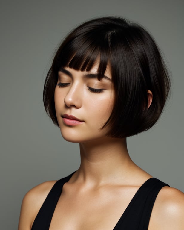 face closeup,closed eyes,beautiful girl,brunette,short hair,curly bob cut,dark theme, detailed skin, empty background