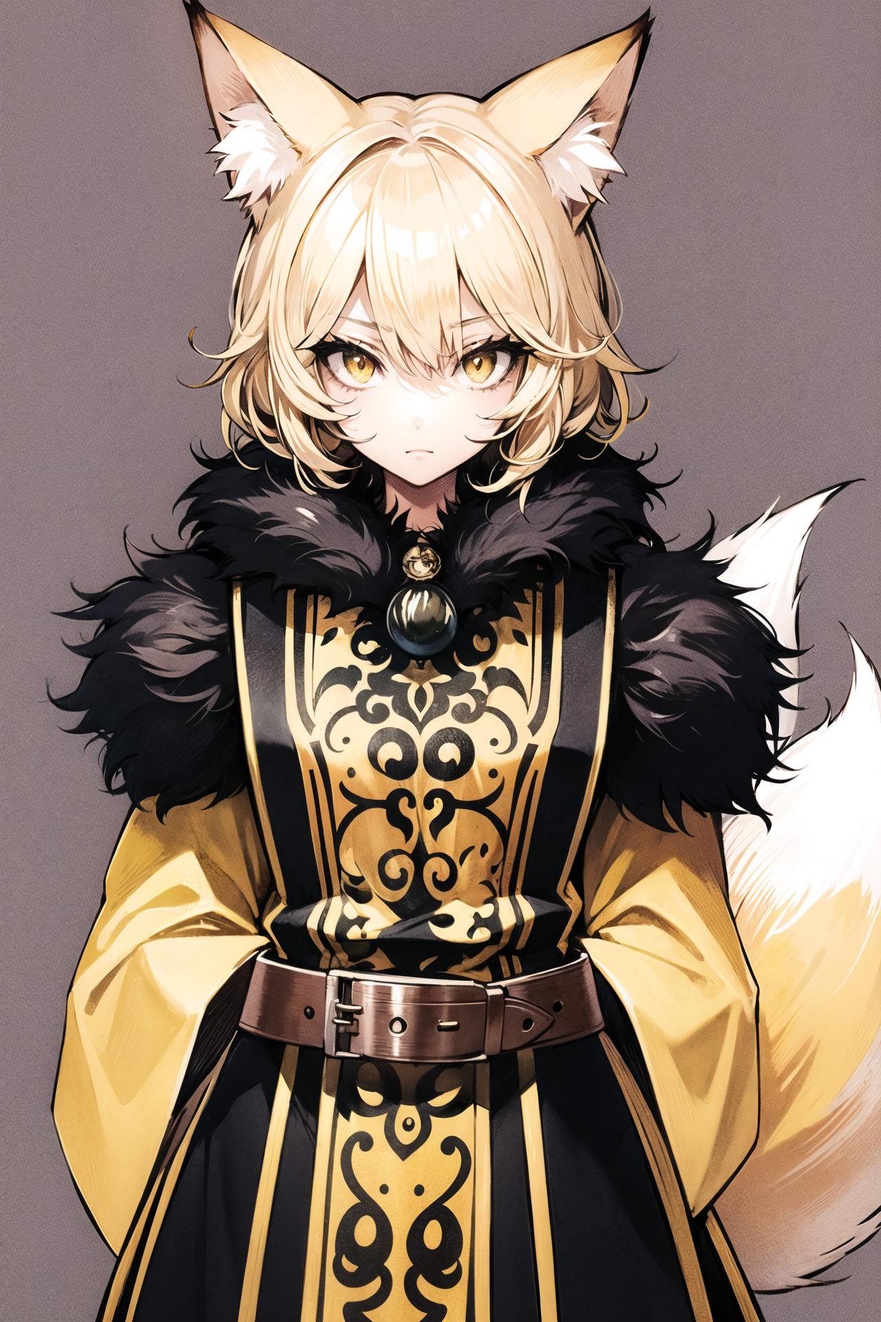 1girl, solo, yakumo ran, tail, animal ears, fox tail, fox ears, blonde hair, multiple tails, yellow eyes, hands in opposite sleeves, adapted costume, short hair, tabard, no headwear, alternate costume, belt, simple background, wide sleeves, white background, long sleeves,  <lora:Banpai Akira:0.8>