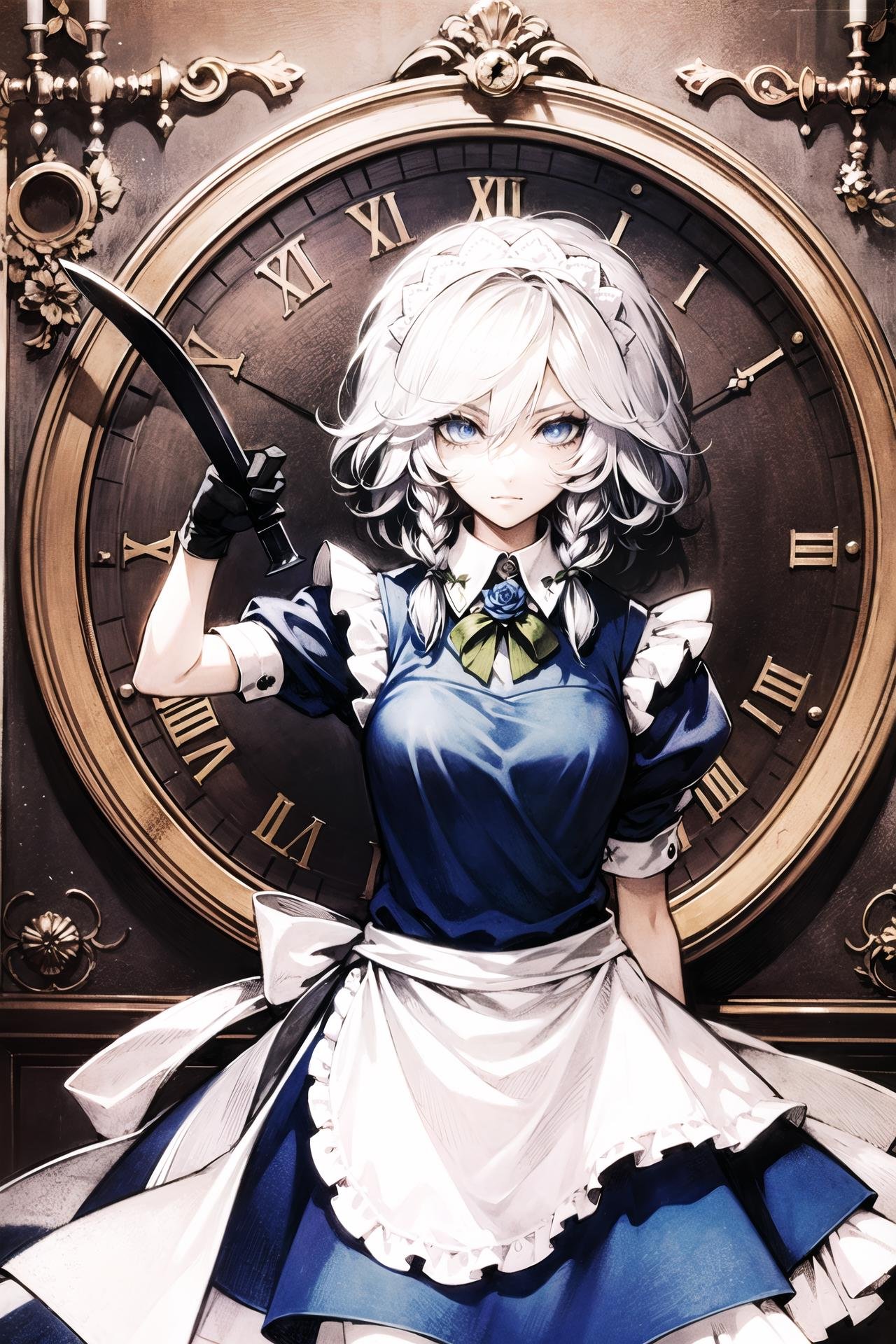 1girl, solo, flower, blue rose, rose, blue flower, izayoi sakuya, weapon, white hair, sword, blue eyes, short hair, gloves, apron, knife, braid, maid, twin braids, holding, maid headdress, clock, pocket watch, looking at viewer, <lora:Banpai Akira:0.8>